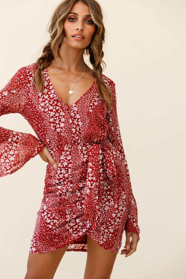 Simona Long Sleeve Wrap Style Dress Floral Print Red by Selfie Leslie