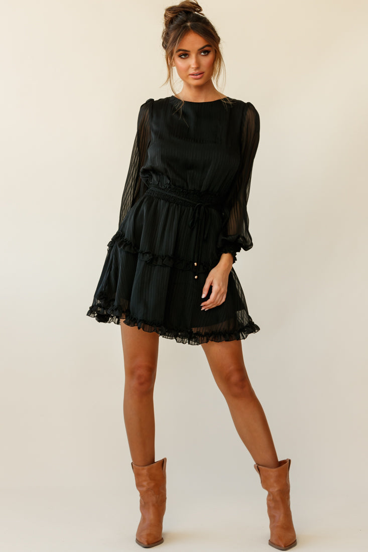 Mildred Long Sleeve Shirred Waist Frill Dress Black by Selfie Leslie