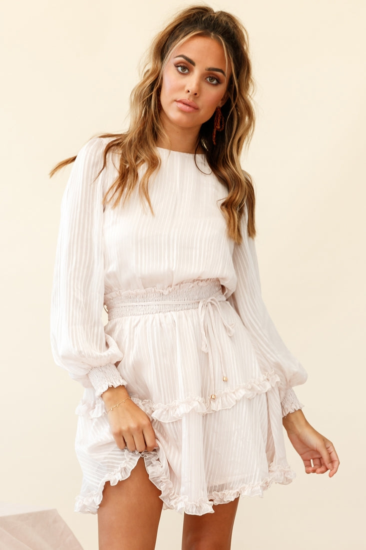 Mildred Long Sleeve Shirred Waist Frill Dress Nude by Selfie Leslie