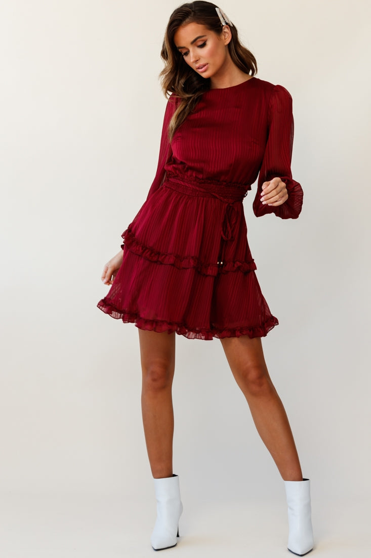 Mildred Long Sleeve Shirred Waist Frill Dress Wine by Selfie Leslie