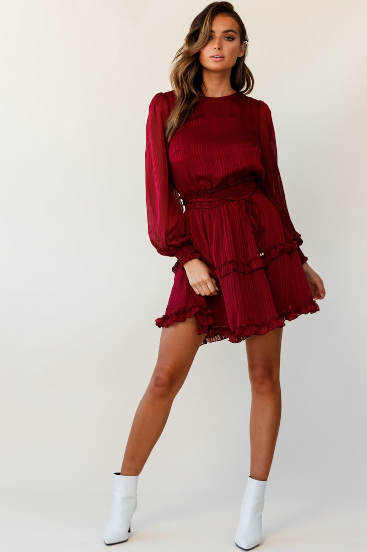 Mildred Long Sleeve Shirred Waist Frill Dress Wine by Selfie Leslie
