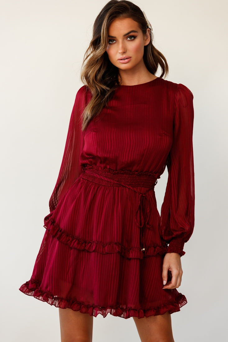 Mildred Long Sleeve Shirred Waist Frill Dress Wine by Selfie Leslie