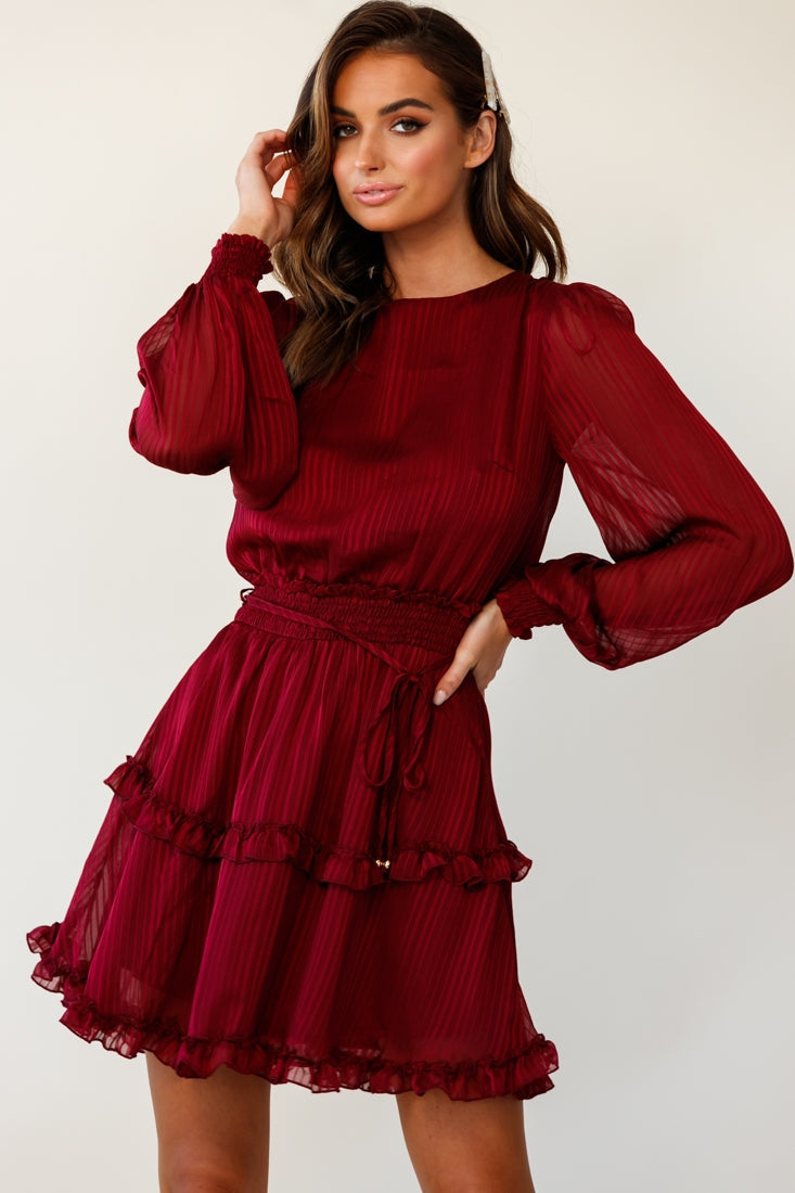 Mildred Long Sleeve Shirred Waist Frill Dress Wine by Selfie Leslie