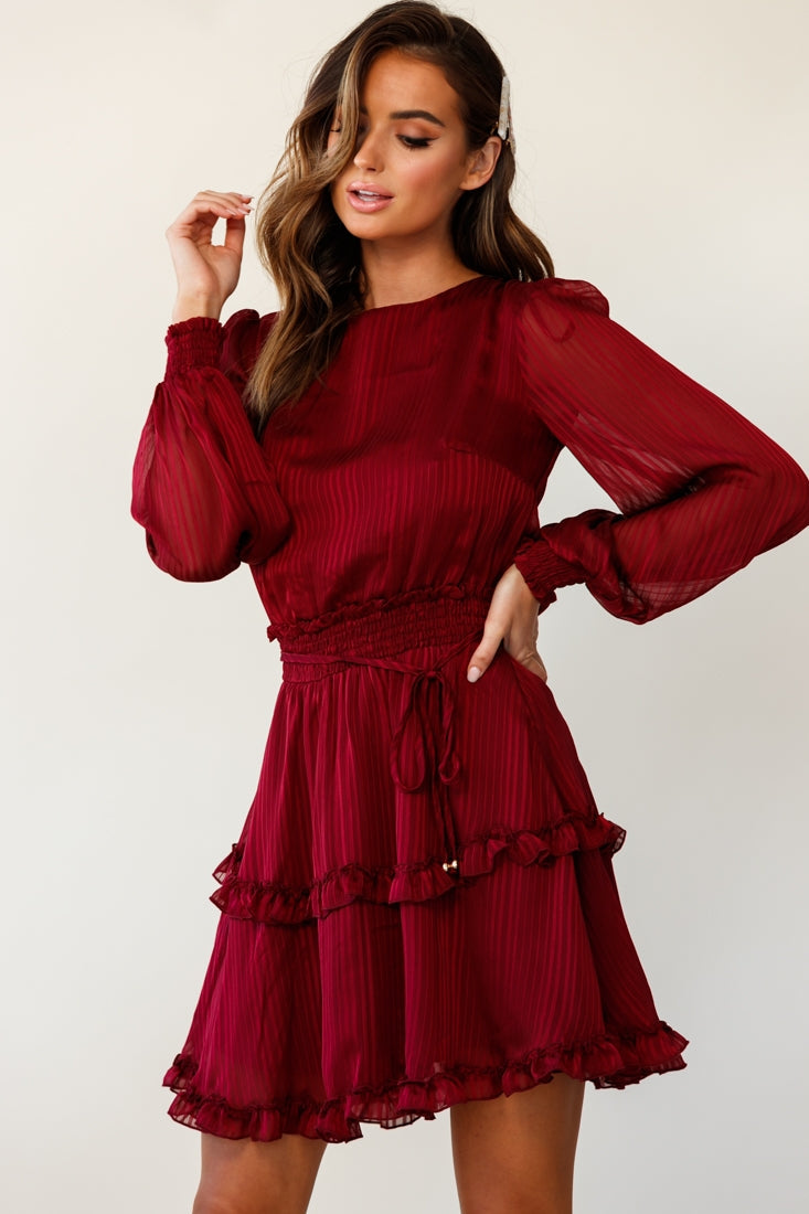 Mildred Long Sleeve Shirred Waist Frill Dress Wine by Selfie Leslie
