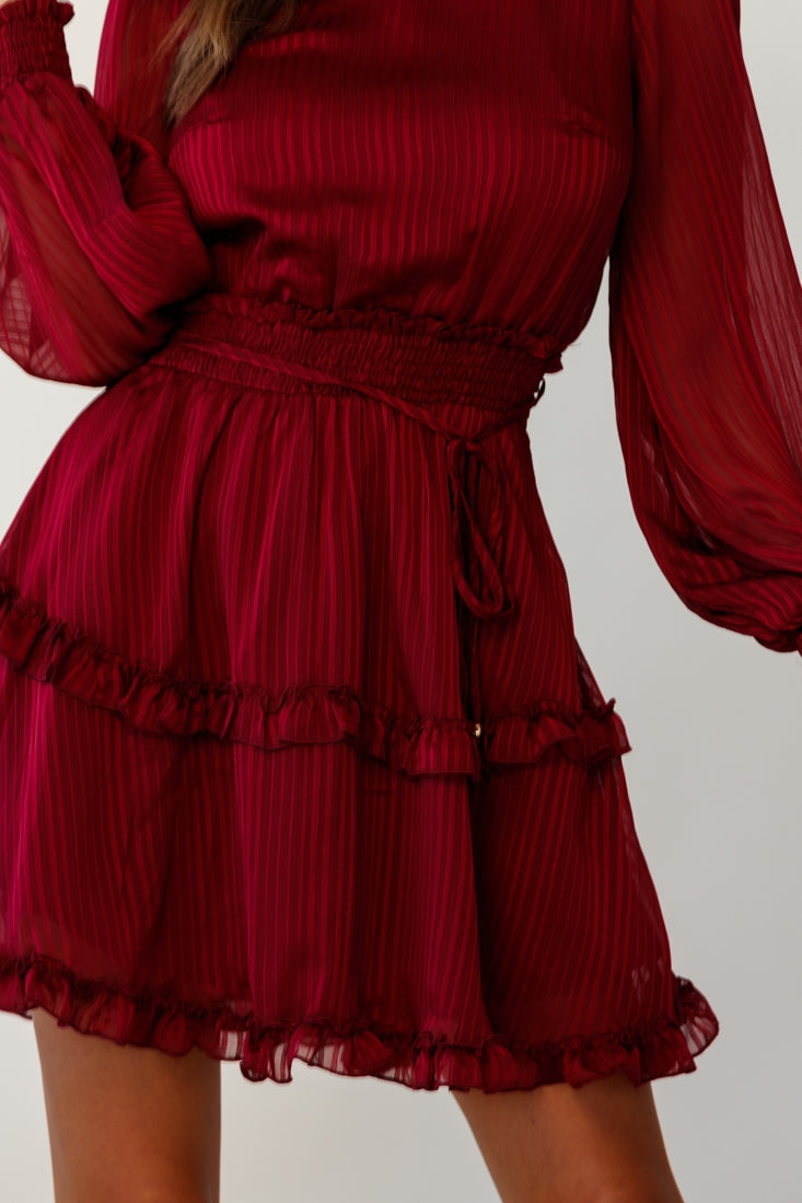 Mildred Long Sleeve Shirred Waist Frill Dress Wine by Selfie Leslie