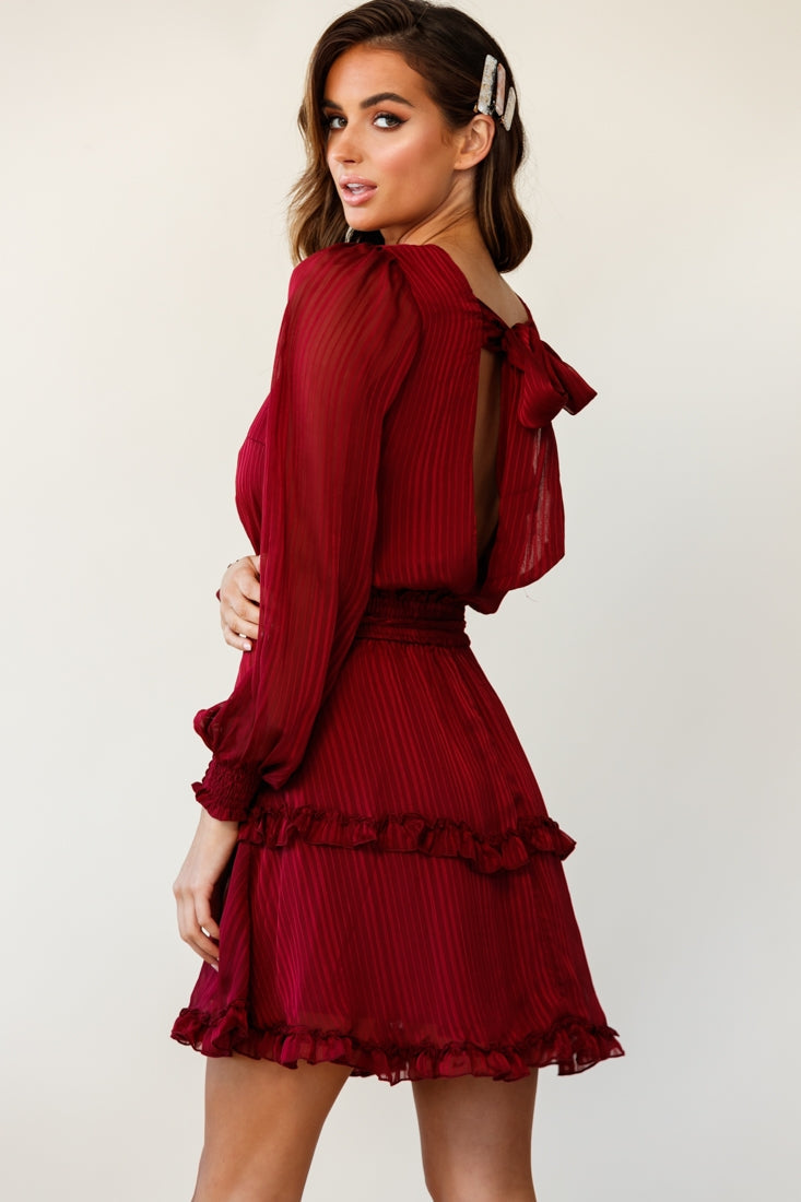 Mildred Long Sleeve Shirred Waist Frill Dress Wine by Selfie Leslie