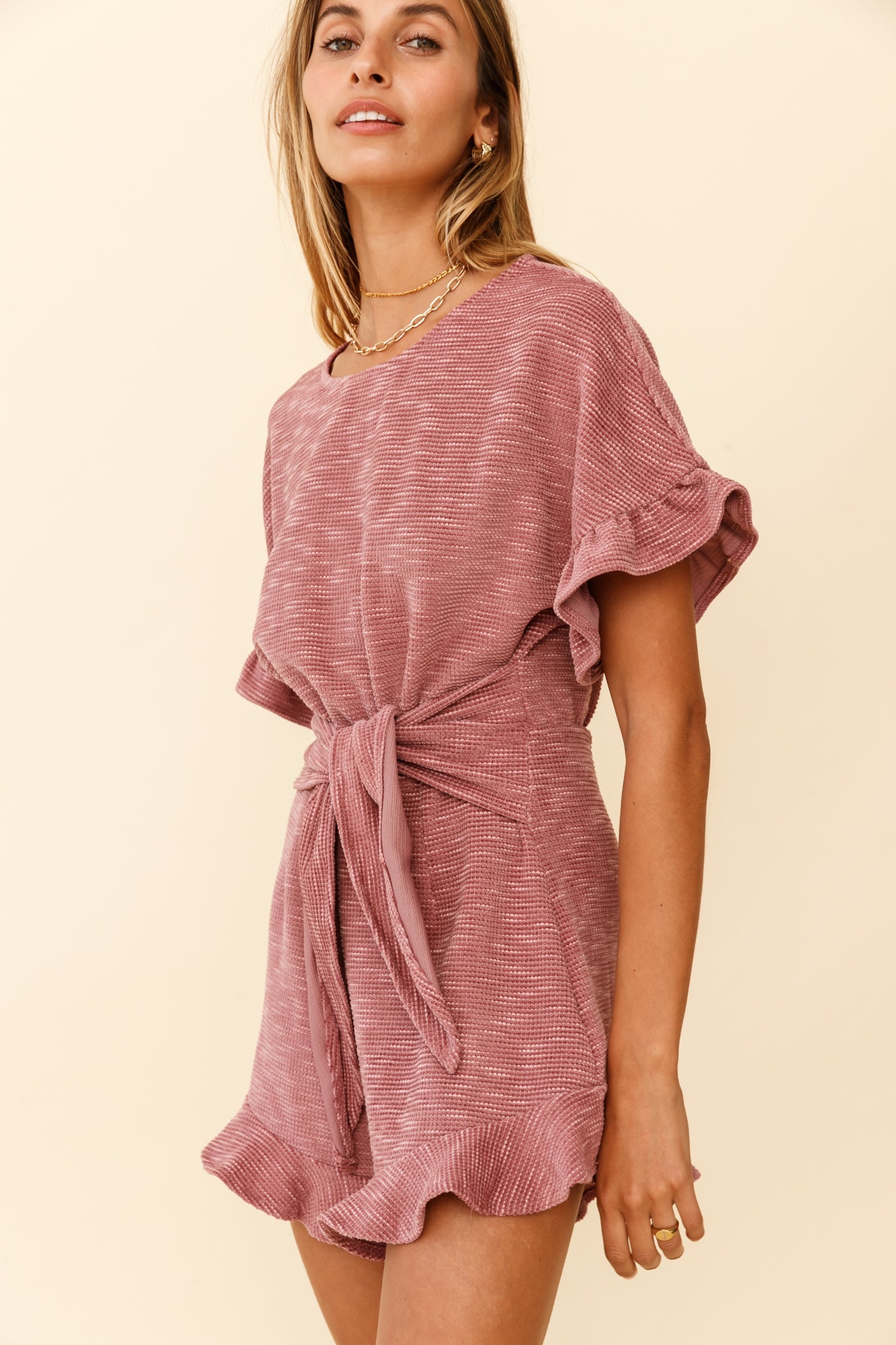 Feelin' Blessed Waist-Tie Frill Trim Romper Mauve by Selfie Leslie