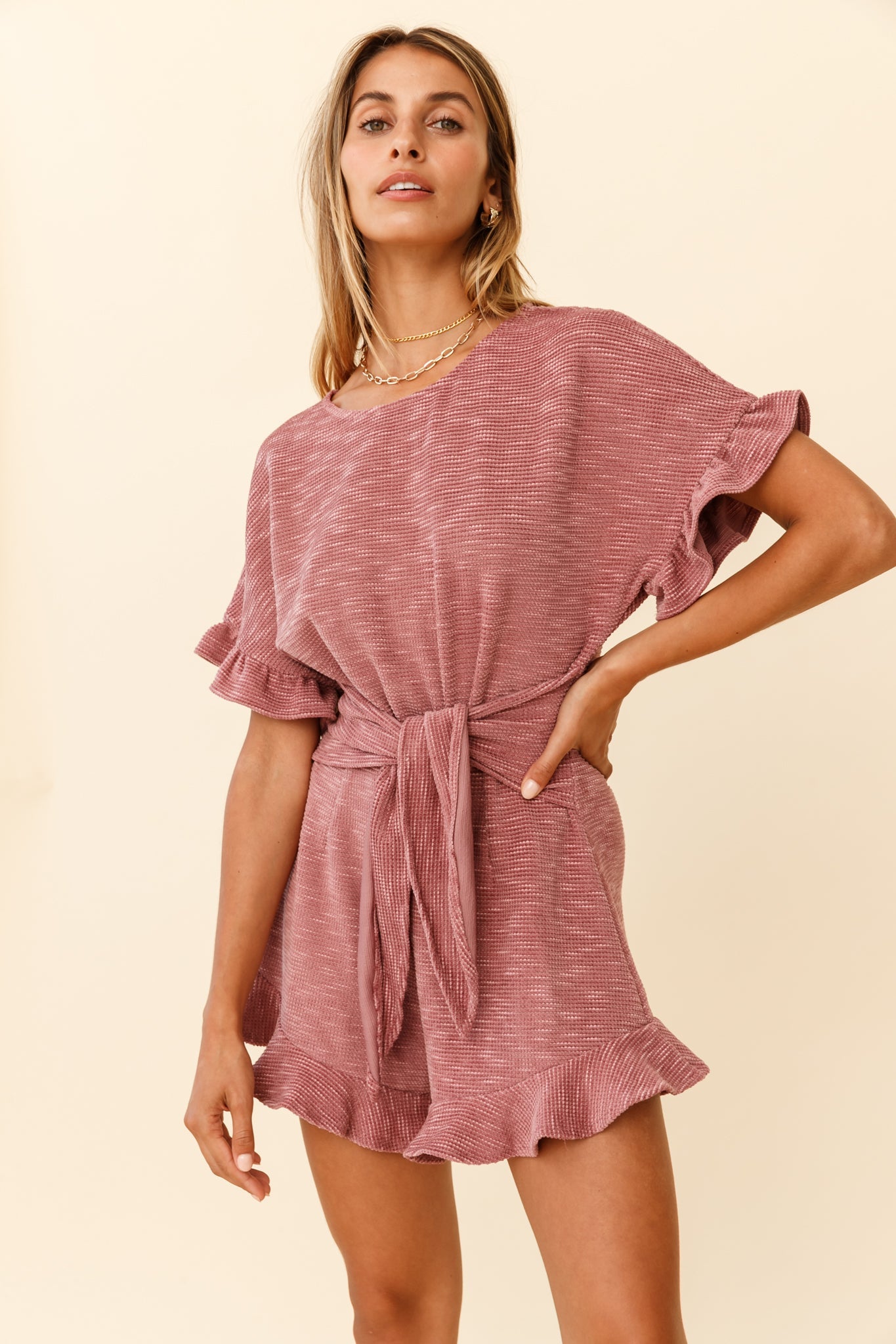 Feelin' Blessed Waist-Tie Frill Trim Romper Mauve by Selfie Leslie
