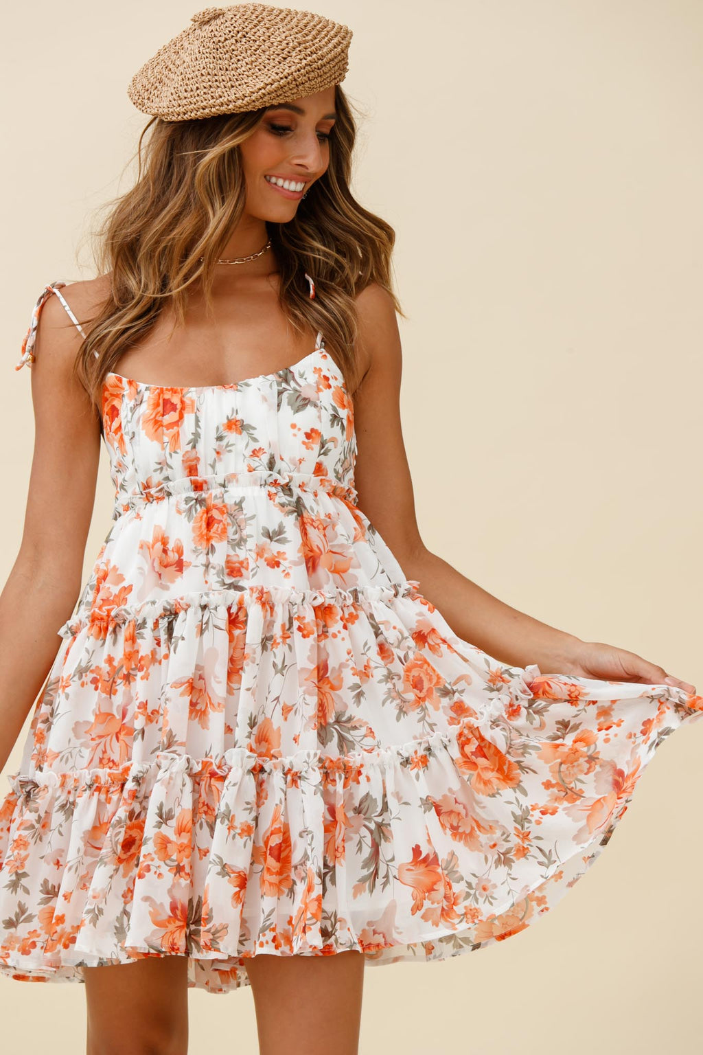 Rumi String Tie Babydoll Dress Floral Print Orange by Selfie Leslie