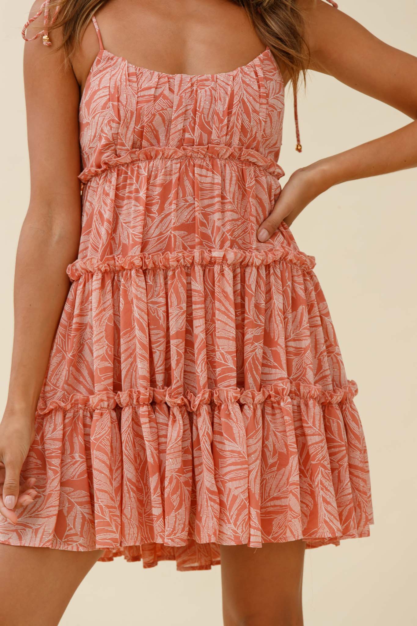 Rumi String Tie Babydoll Dress Leaf Print Pink by Selfie Leslie