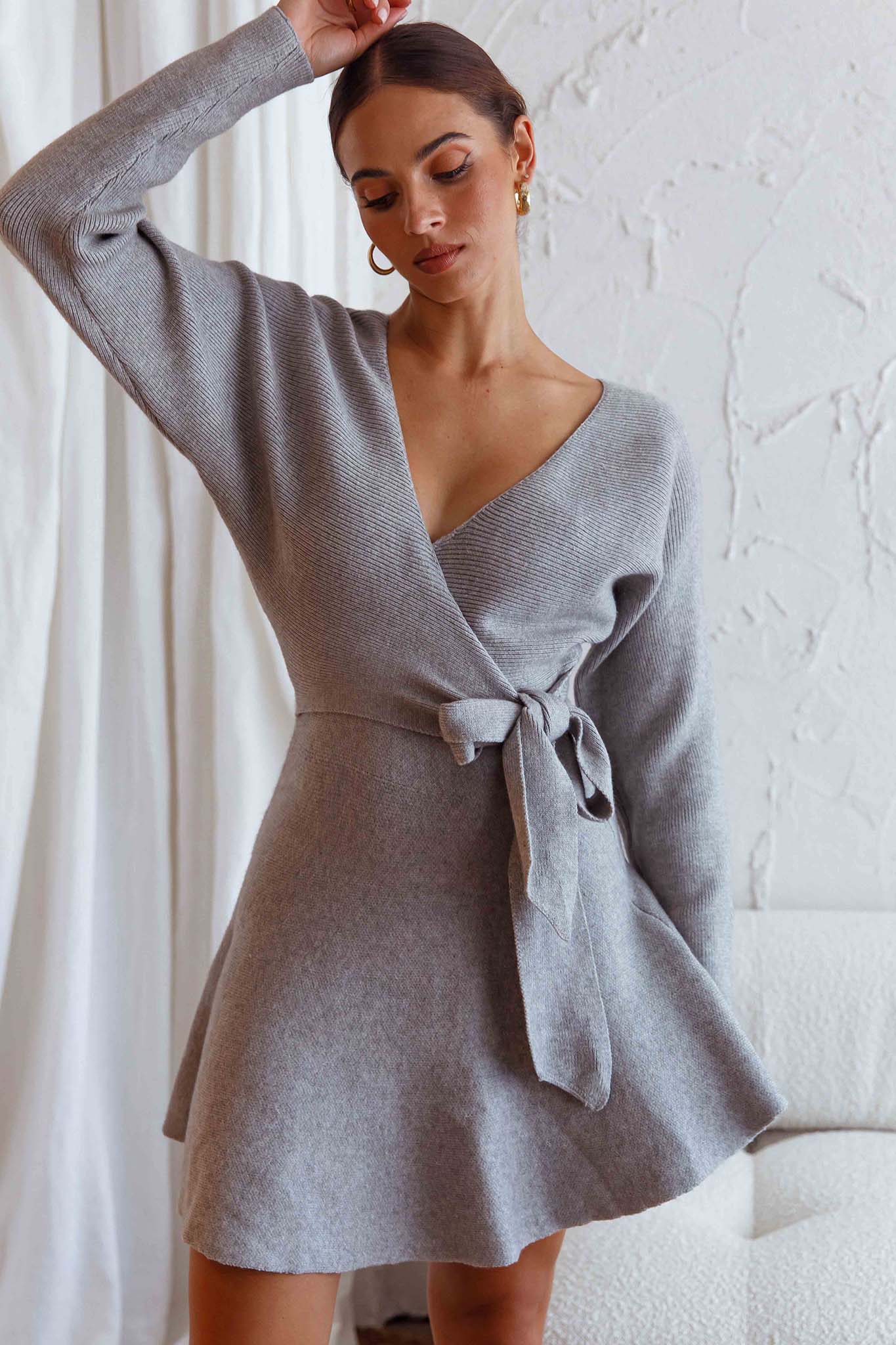 Shooting Star Long Sleeve Side Tie Knit Dress Grey by Selfie Leslie