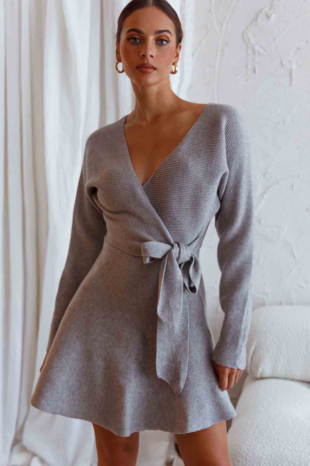 Shooting Star Long Sleeve Side Tie Knit Dress Grey by Selfie Leslie