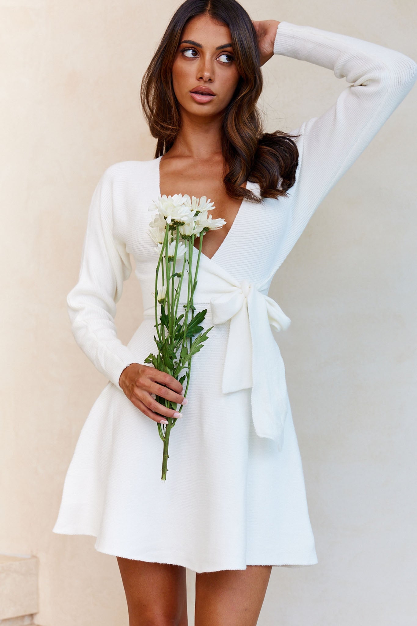 Shooting Star Long Sleeve Side Tie Knit Dress White by Selfie Leslie