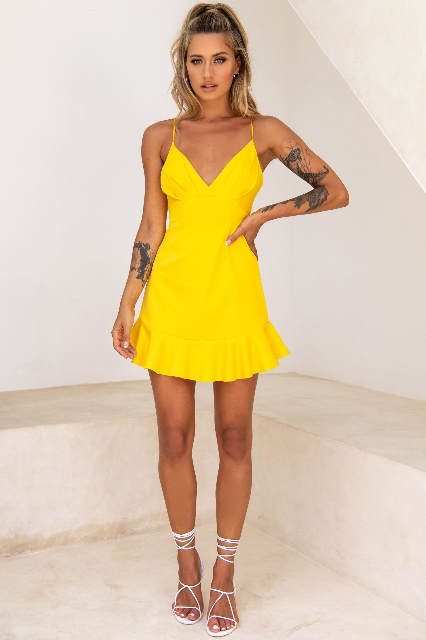 Chicago Pleated Bust Cami Strap Dress Yellow by Selfie Leslie
