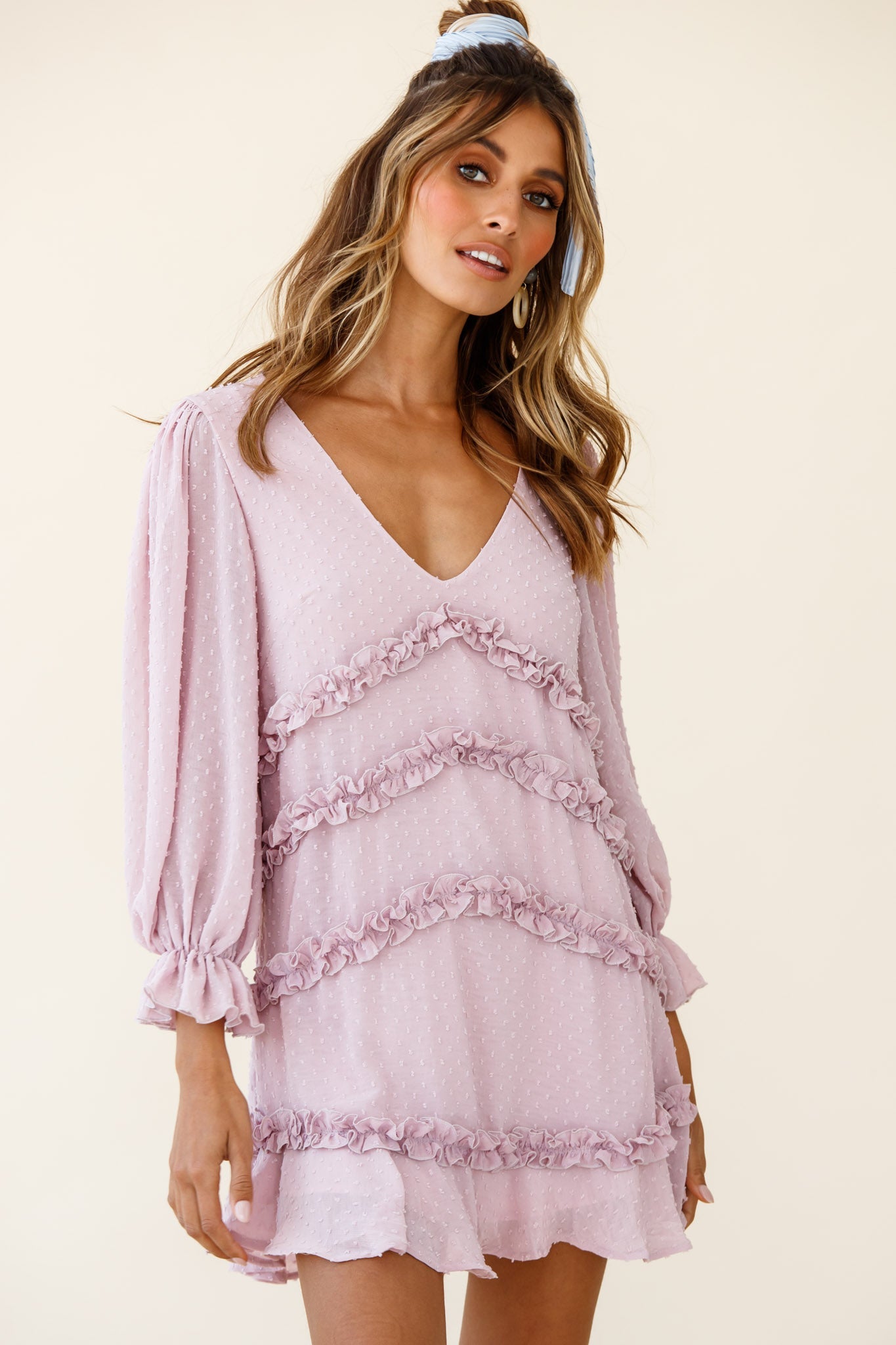 Tabitha Balloon Sleeve Loose Fit Frill Detail Dress Blush by Selfie Leslie