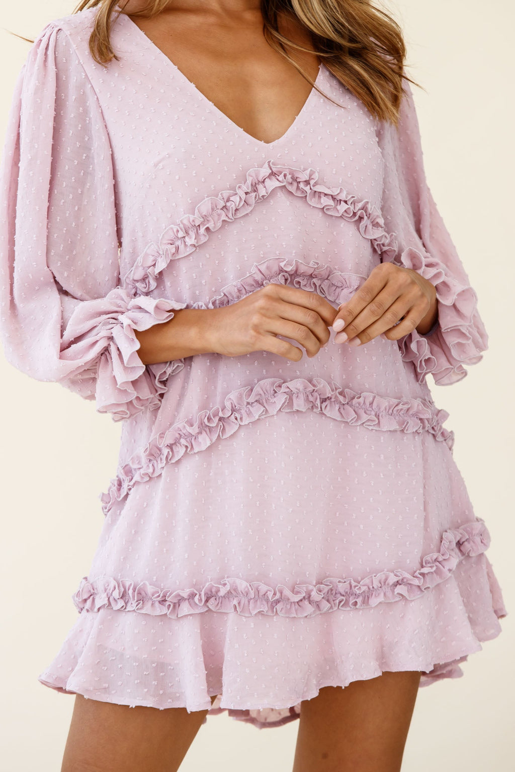 Tabitha Balloon Sleeve Loose Fit Frill Detail Dress Blush by Selfie Leslie