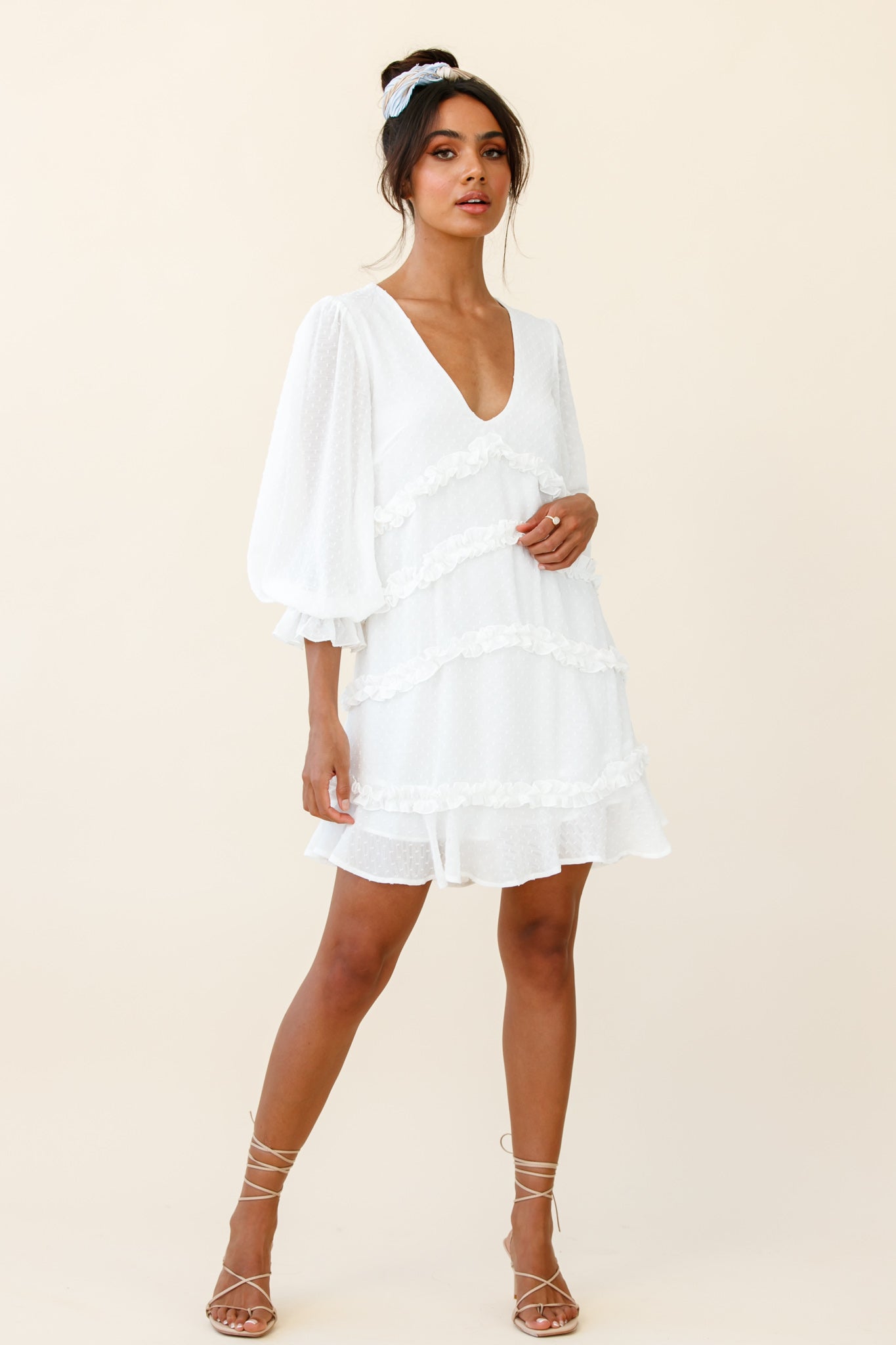 Tabitha Balloon Sleeve Loose Fit Frill Detail Dress White by Selfie Leslie