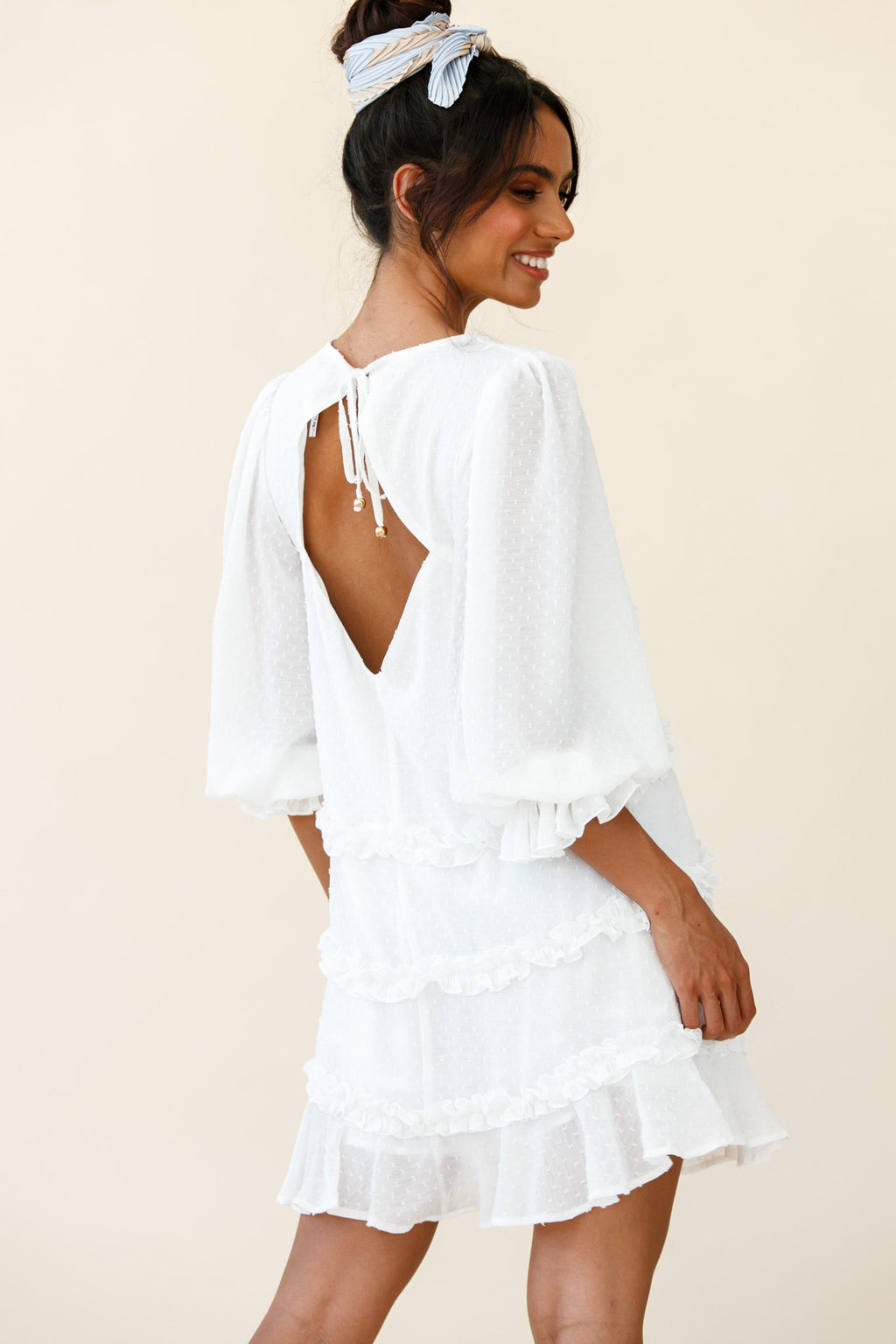 Tabitha Balloon Sleeve Loose Fit Frill Detail Dress White by Selfie Leslie
