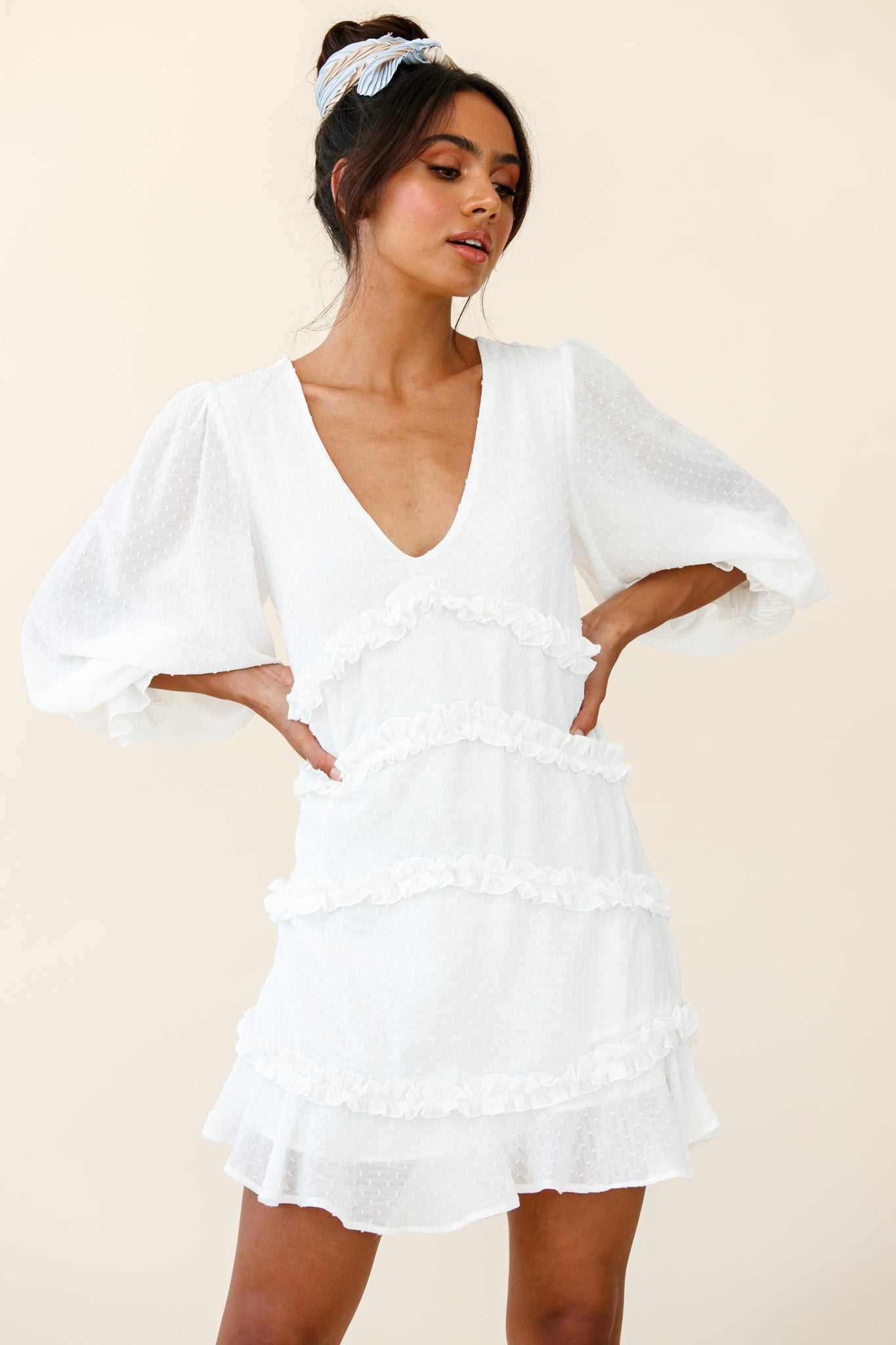 Tabitha Balloon Sleeve Loose Fit Frill Detail Dress White by Selfie Leslie