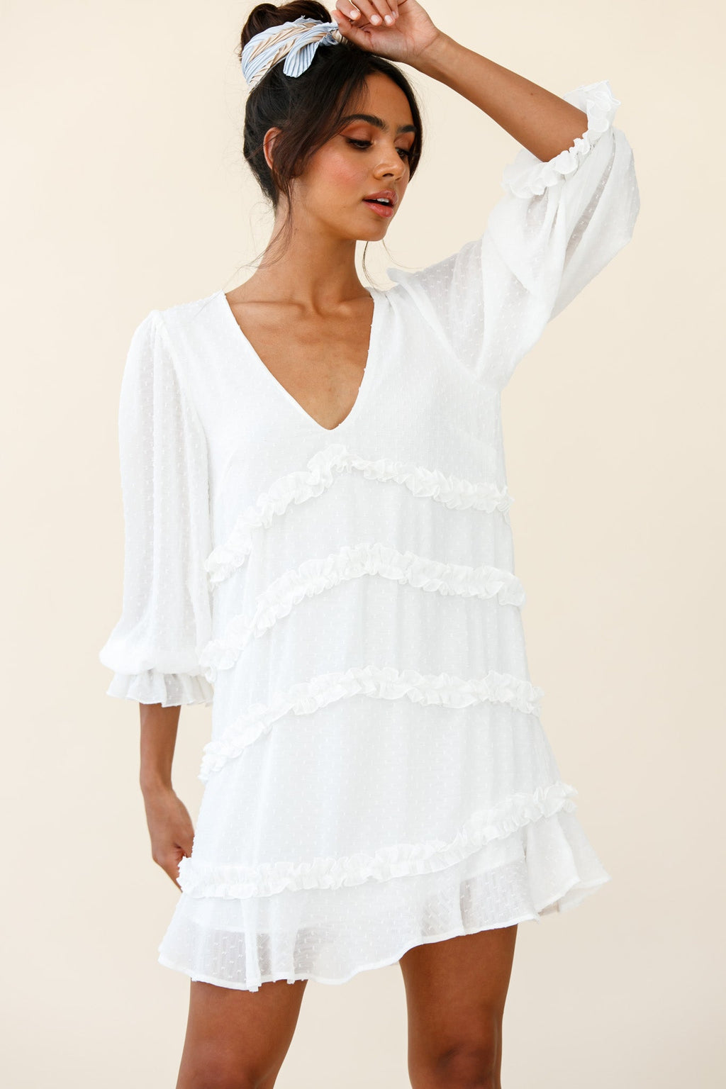 Tabitha Balloon Sleeve Loose Fit Frill Detail Dress White by Selfie Leslie