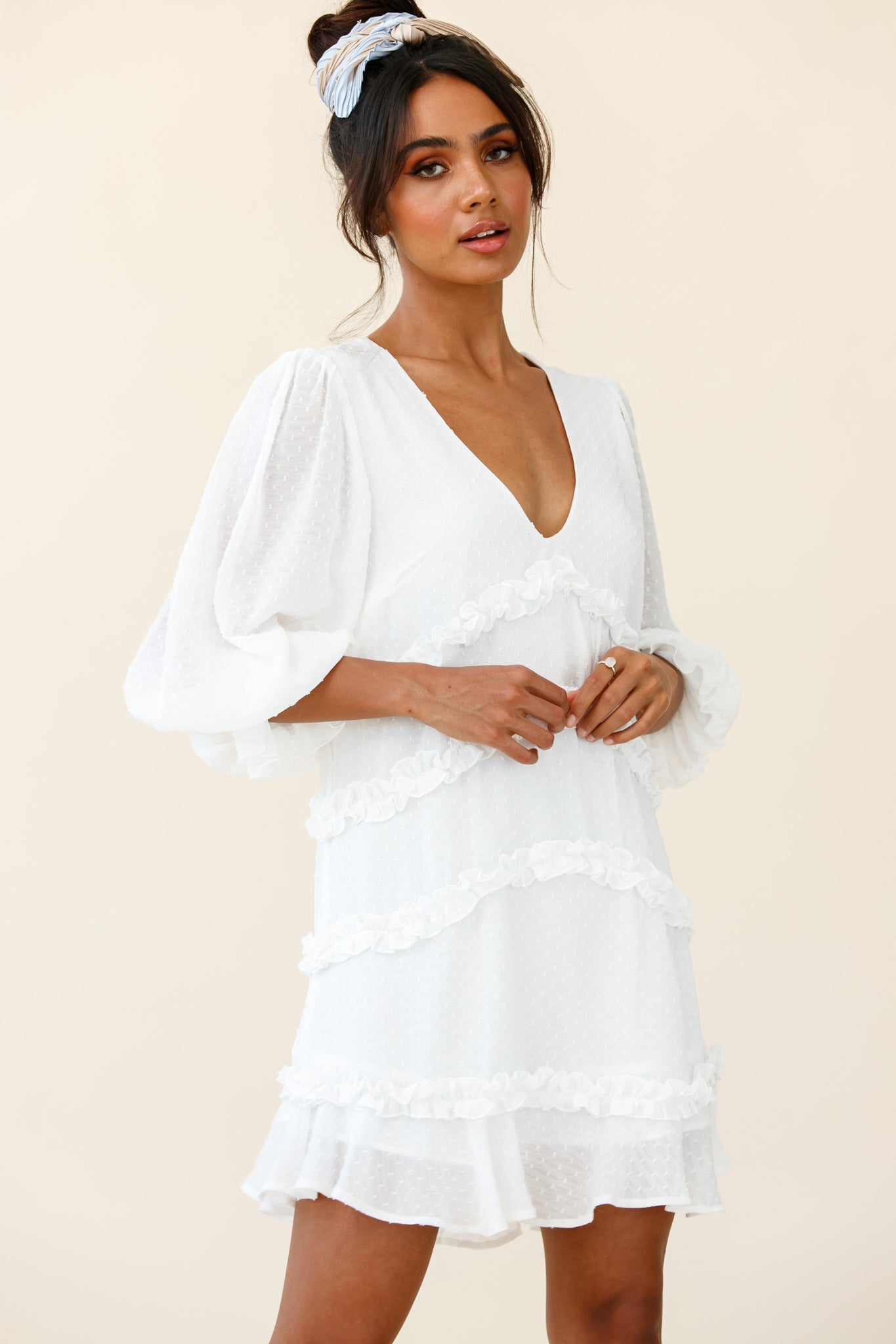 Tabitha Balloon Sleeve Loose Fit Frill Detail Dress White by Selfie Leslie