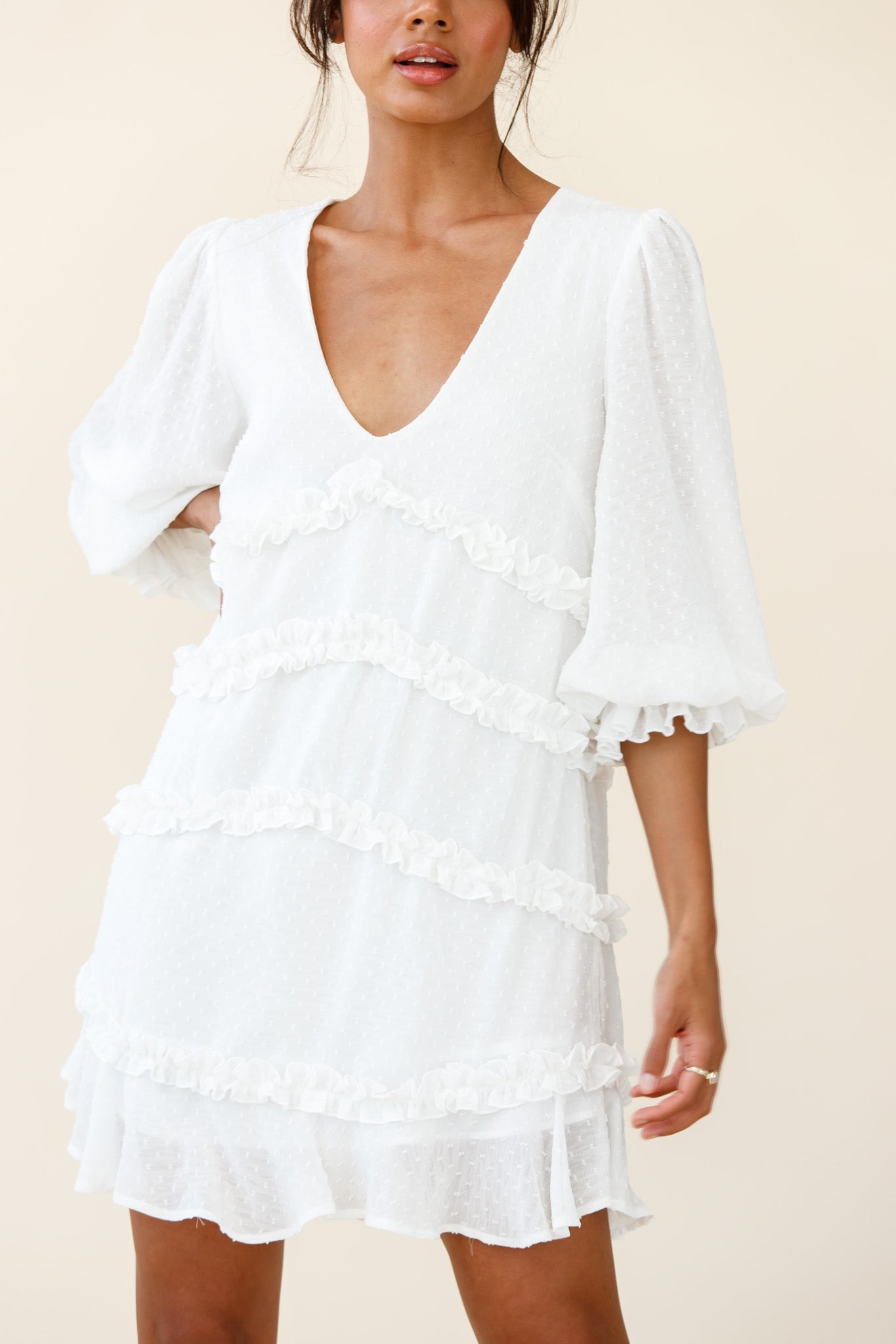 Tabitha Balloon Sleeve Loose Fit Frill Detail Dress White by Selfie Leslie