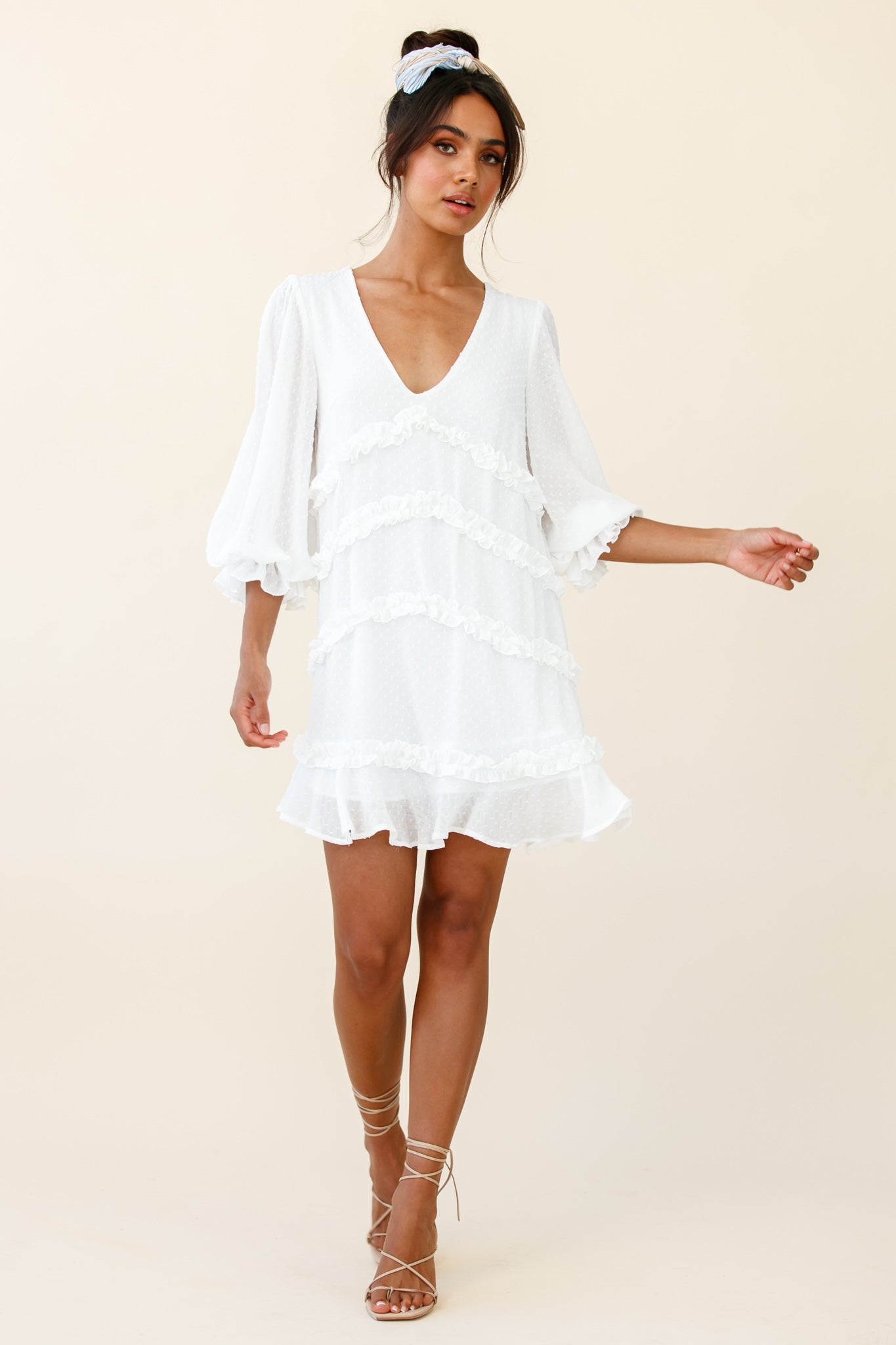 Tabitha Balloon Sleeve Loose Fit Frill Detail Dress White by Selfie Leslie