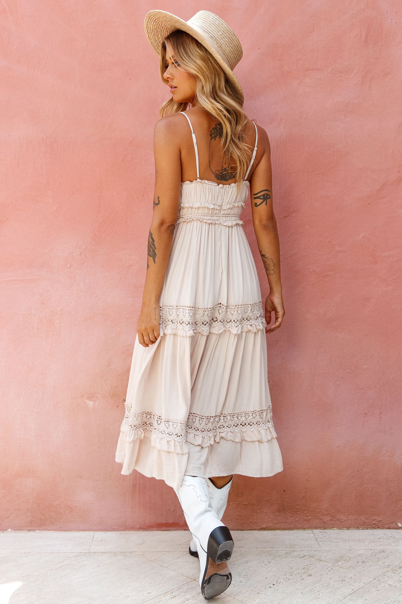 Meet You There Crochet & Frill Trim Detail Midi Dress Beige by Selfie Leslie