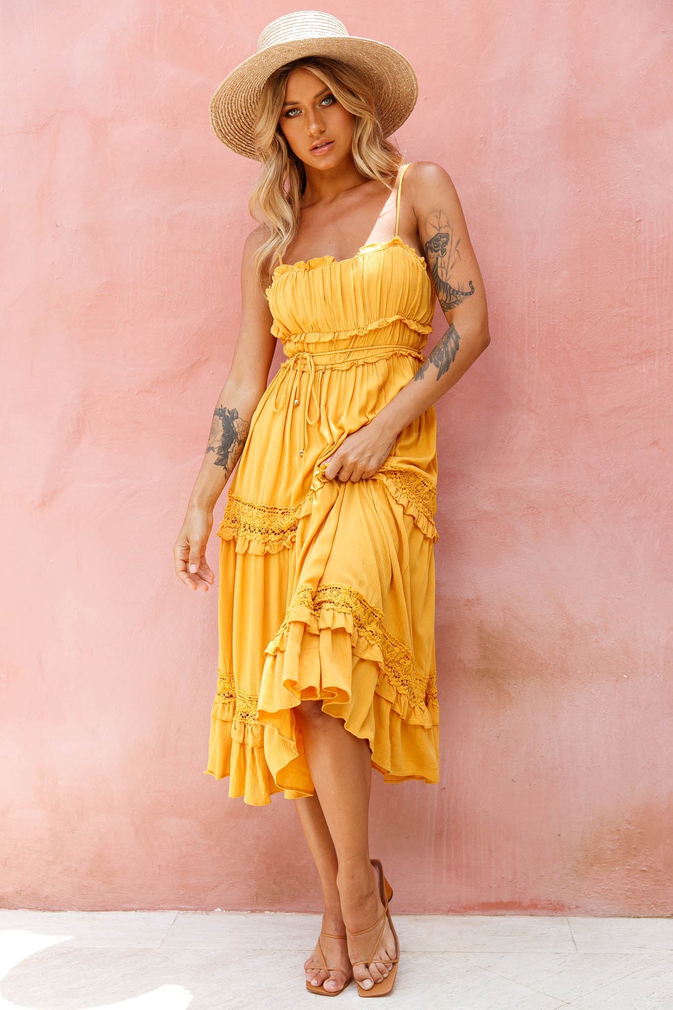 Meet You There Crochet & Frill Trim Detail Midi Dress Mustard by Selfie Leslie