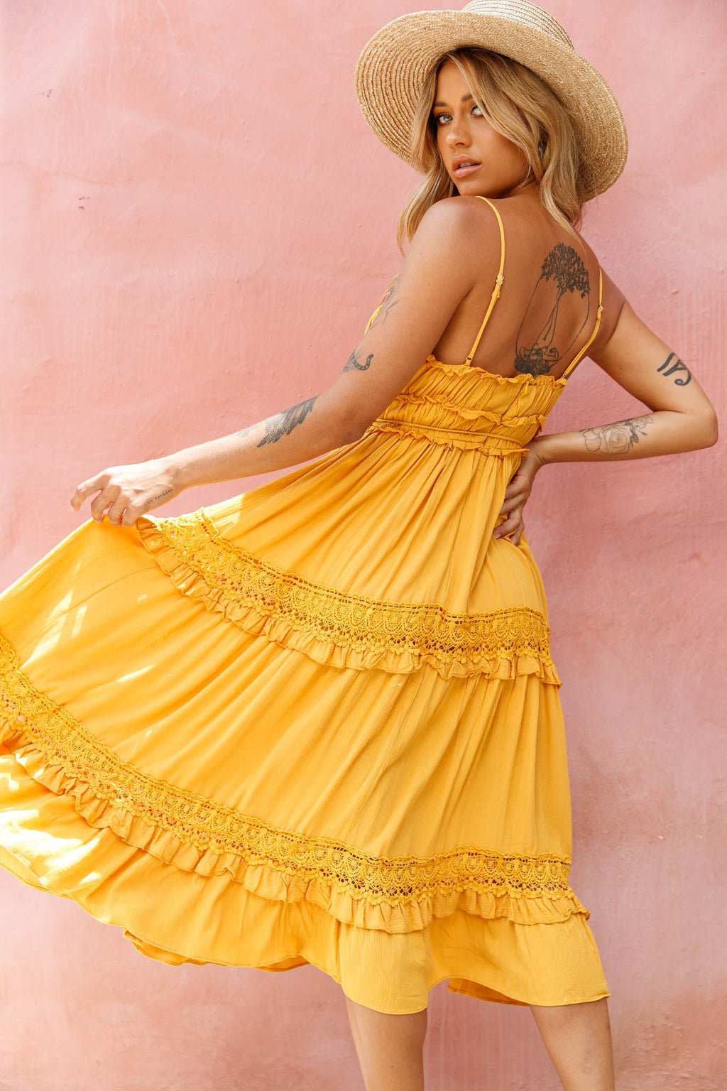 Meet You There Crochet & Frill Trim Detail Midi Dress Mustard by Selfie Leslie