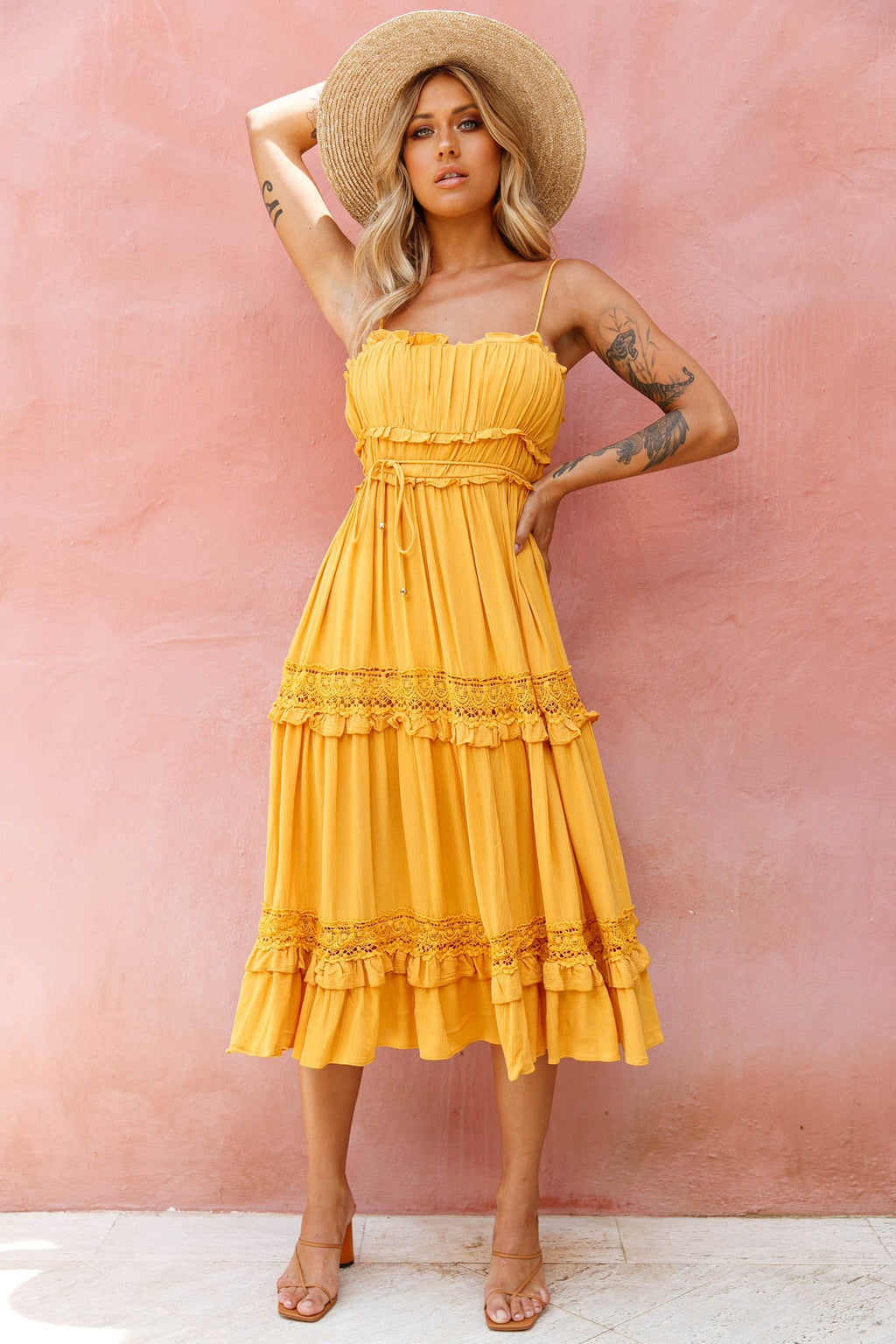 Meet You There Crochet & Frill Trim Detail Midi Dress Mustard by Selfie Leslie