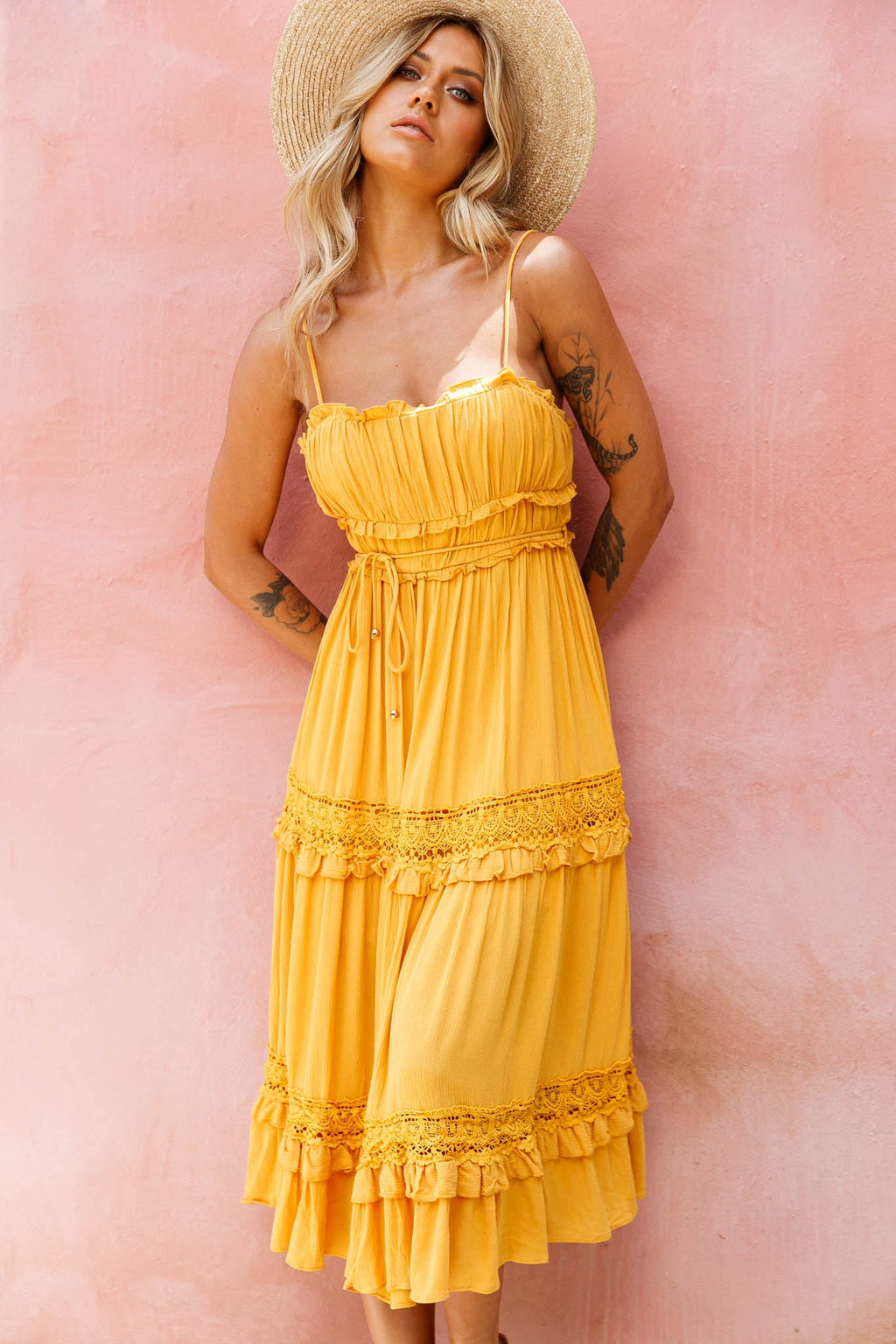 Meet You There Crochet & Frill Trim Detail Midi Dress Mustard by Selfie Leslie