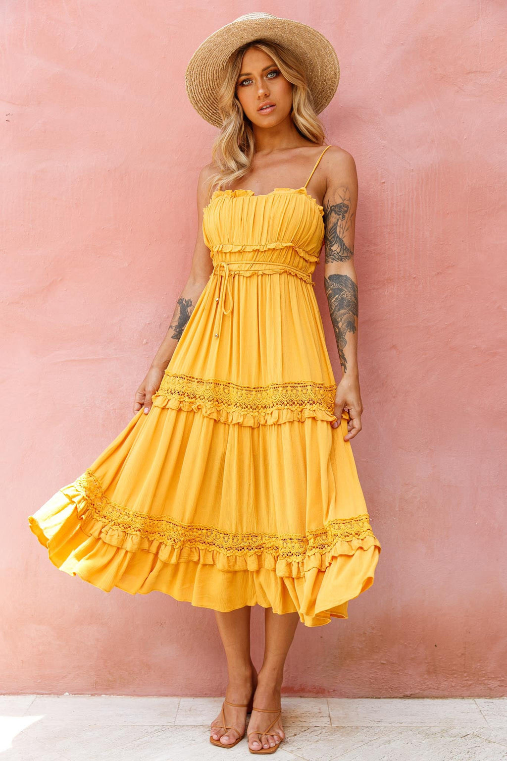 Meet You There Crochet & Frill Trim Detail Midi Dress Mustard by Selfie Leslie