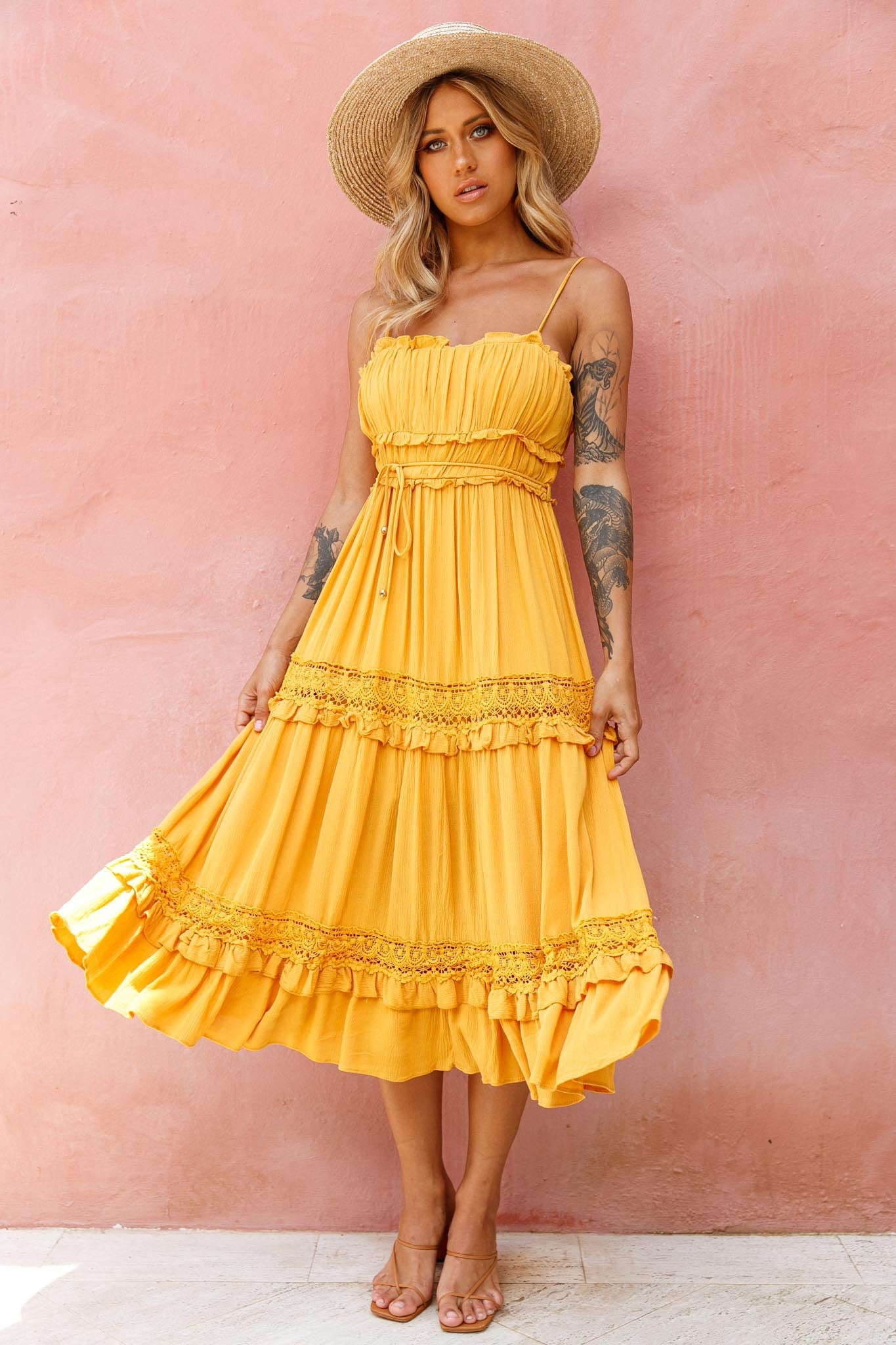 Meet You There Crochet & Frill Trim Detail Midi Dress Mustard by Selfie Leslie