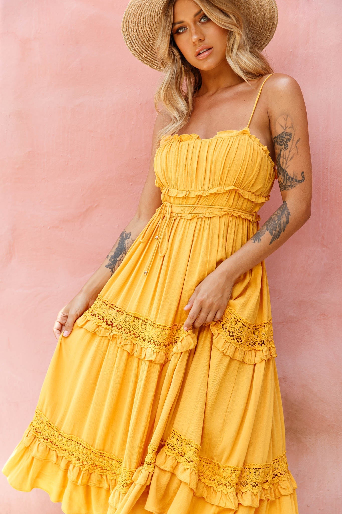 Meet You There Crochet & Frill Trim Detail Midi Dress Mustard by Selfie Leslie