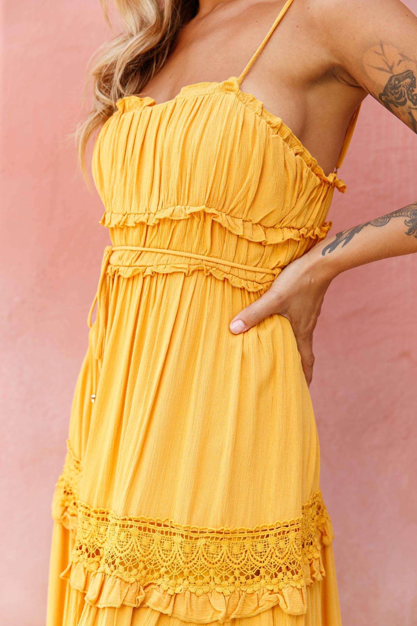 Meet You There Crochet & Frill Trim Detail Midi Dress Mustard by Selfie Leslie