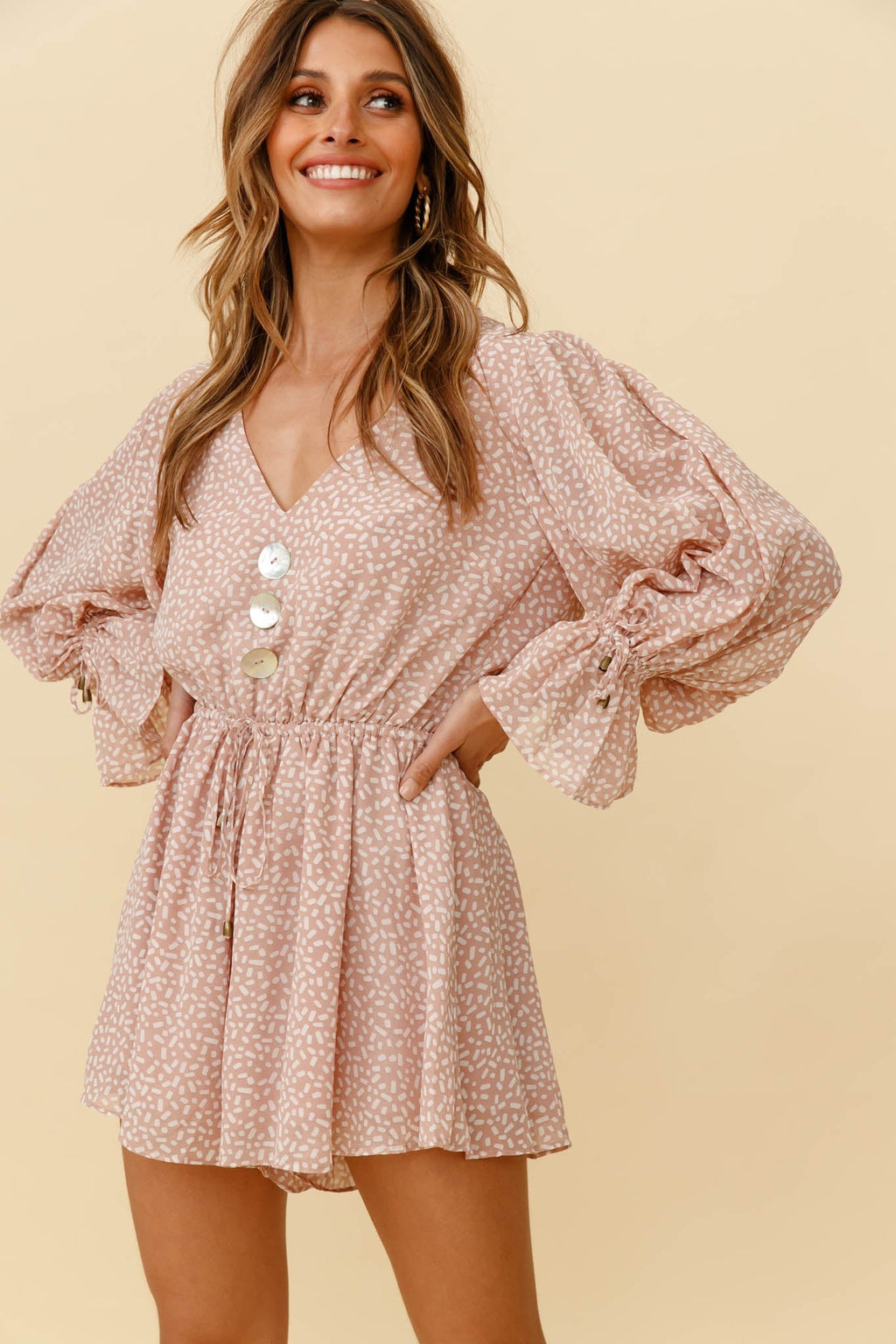 Believe It Or Not Long Sleeve Drawstring Romper Sprinkle Print Pink by Selfie Leslie