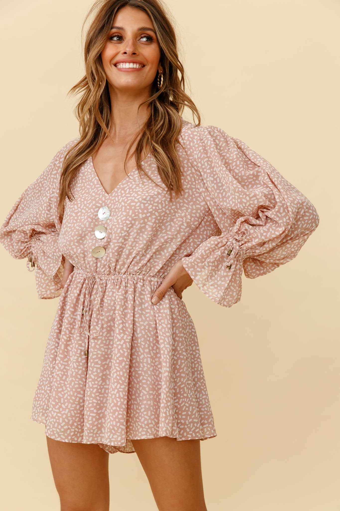 Believe It Or Not Long Sleeve Drawstring Romper Sprinkle Print Pink by Selfie Leslie