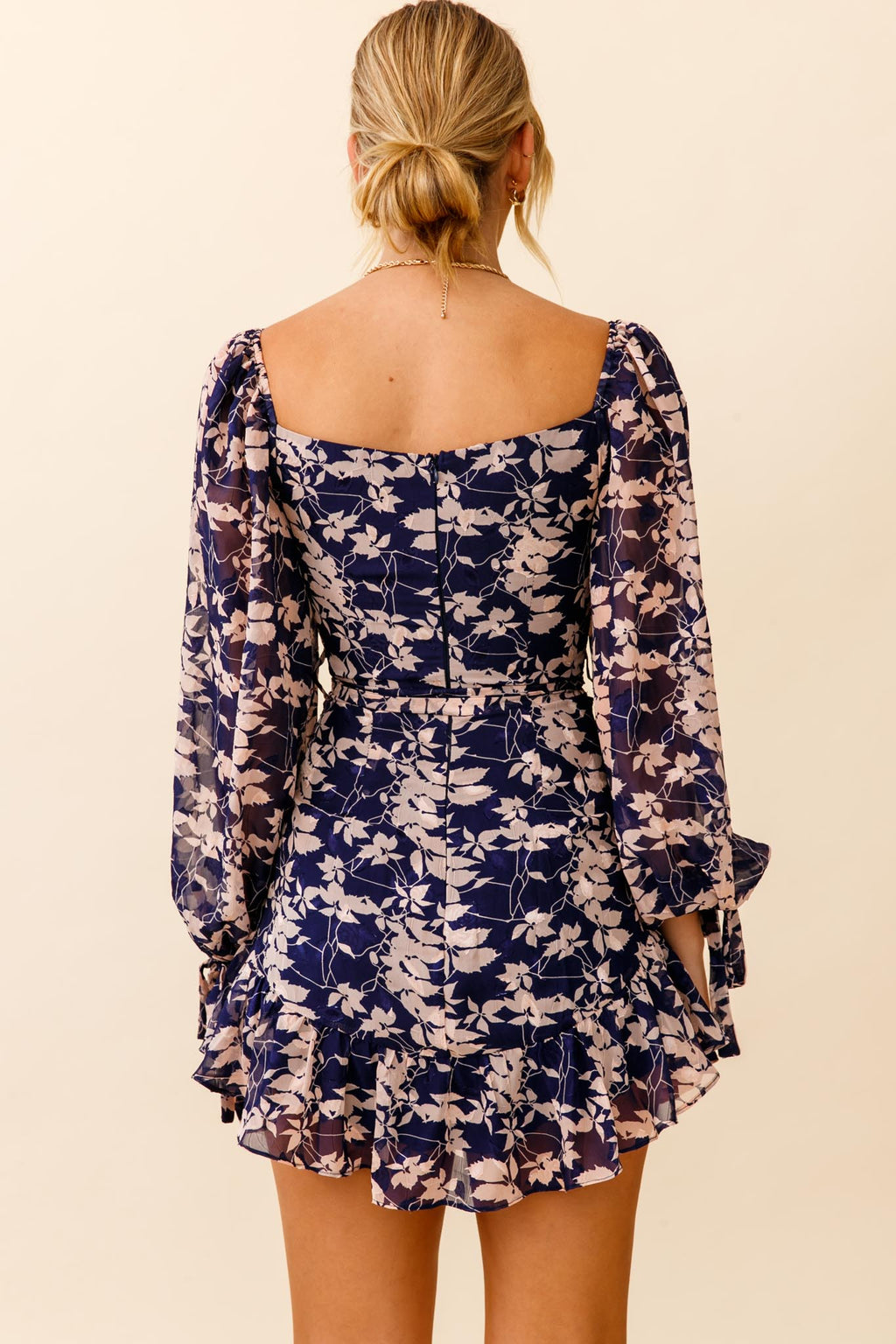Make Memories Balloon Sleeve Molded Bust Dress Leaf Print Navy by Selfie Leslie