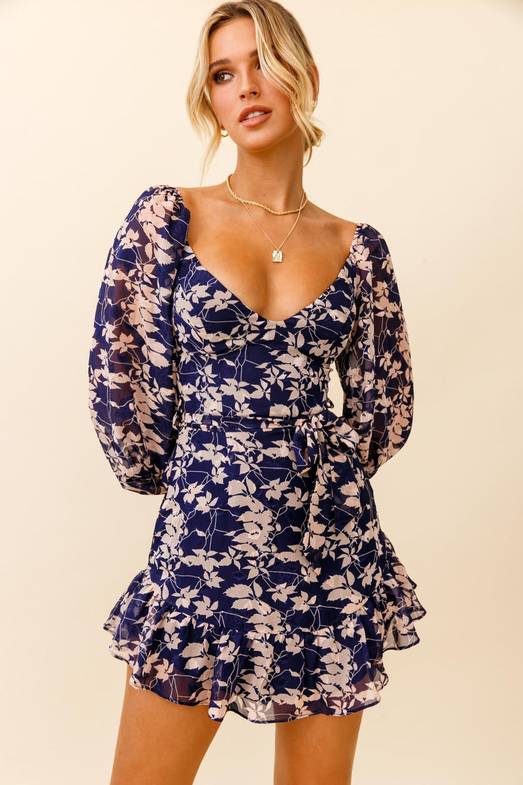 Make Memories Balloon Sleeve Molded Bust Dress Leaf Print Navy by Selfie Leslie