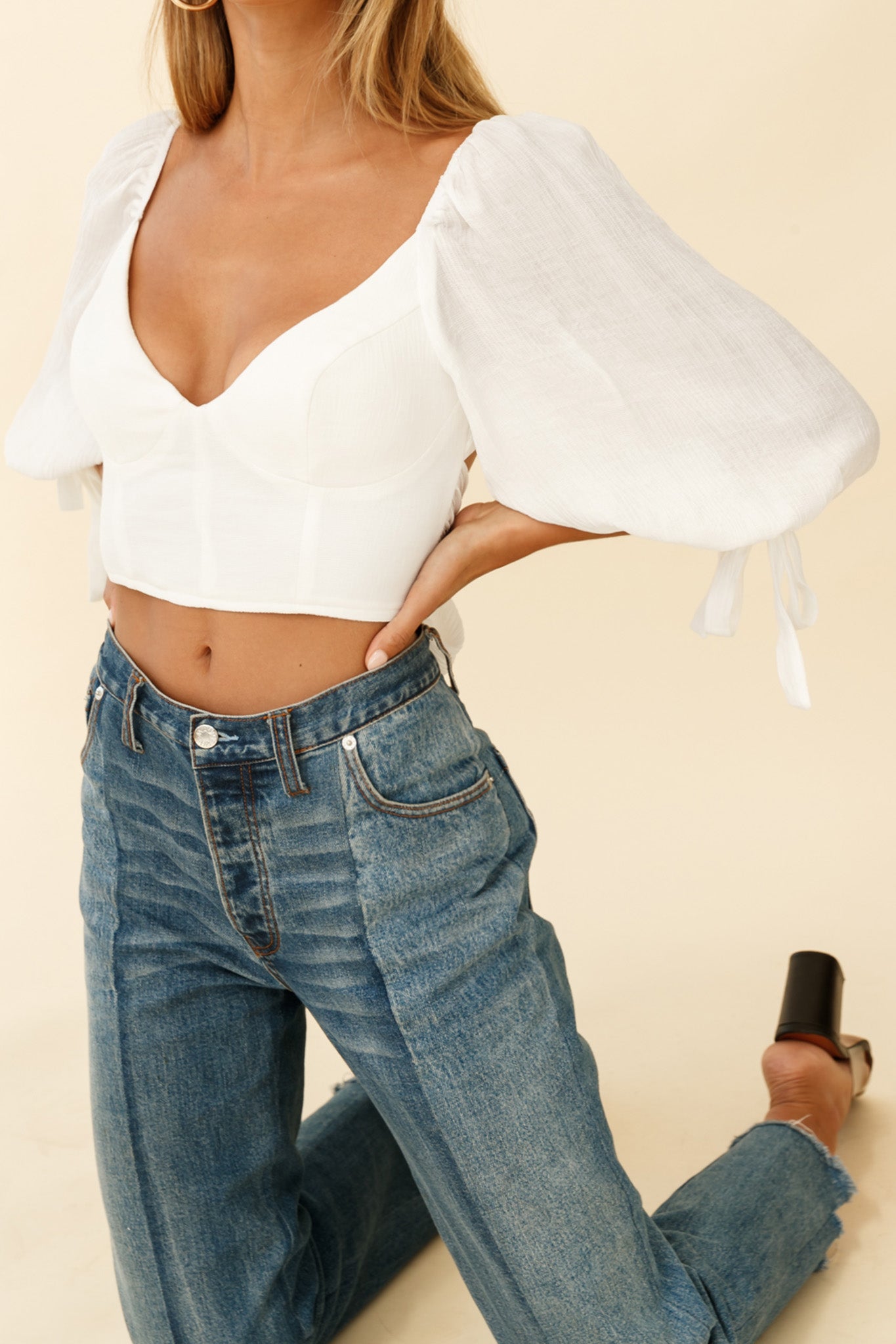 Make Memories Balloon Sleeve Molded Bust Crop Top White by Selfie Leslie