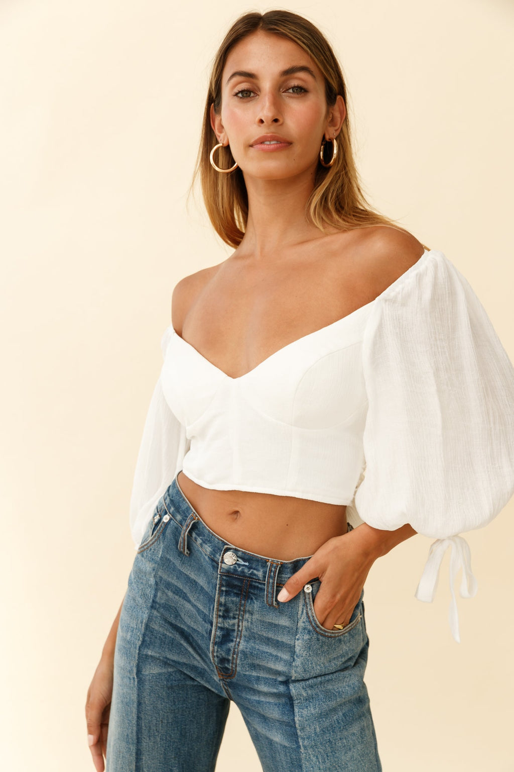 Make Memories Balloon Sleeve Molded Bust Crop Top White by Selfie Leslie