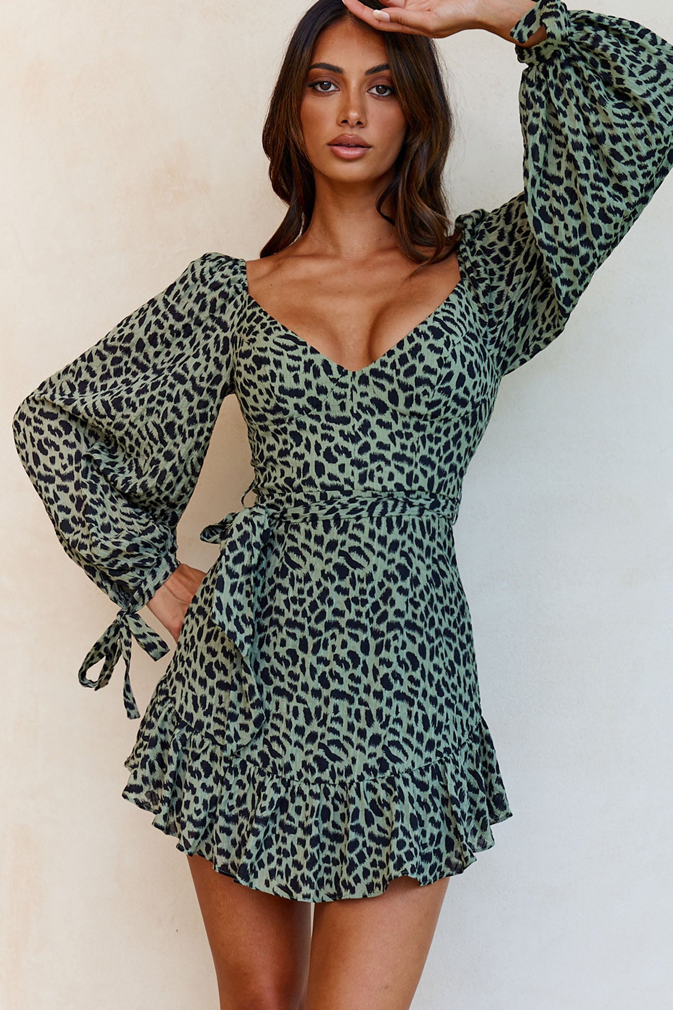 Make Memories Balloon Sleeve Molded Bust Dress Animal Print Olive by Selfie Leslie