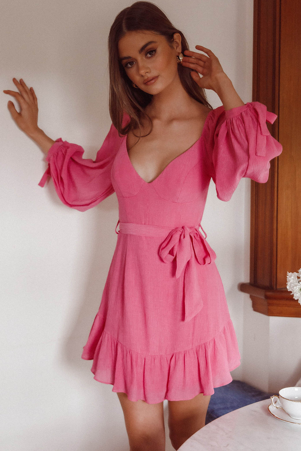 Make Memories Balloon Sleeve Molded Bust Dress Hot Pink by Selfie Leslie Australia