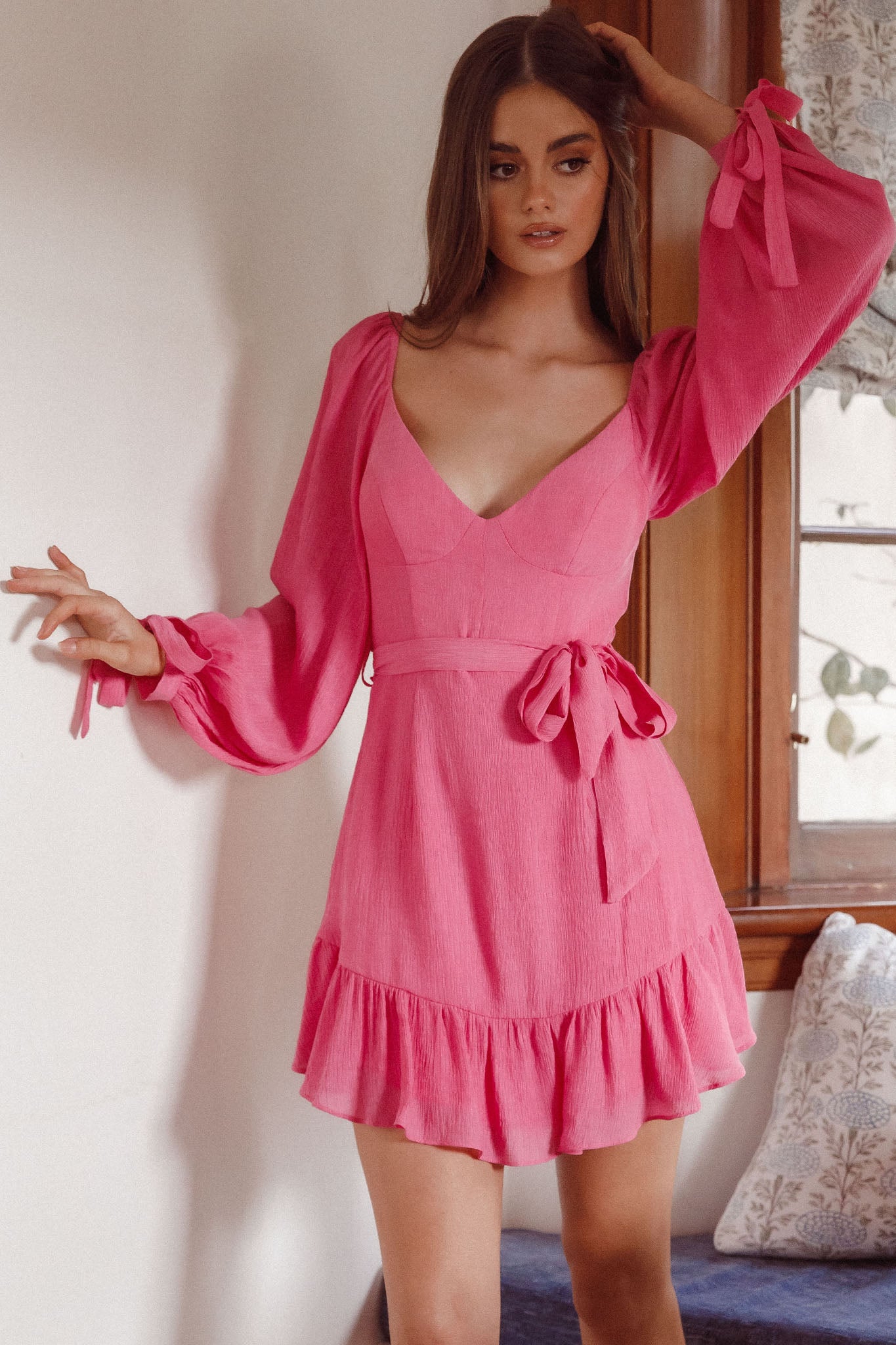 Make Memories Balloon Sleeve Molded Bust Dress Hot Pink by Selfie Leslie Australia