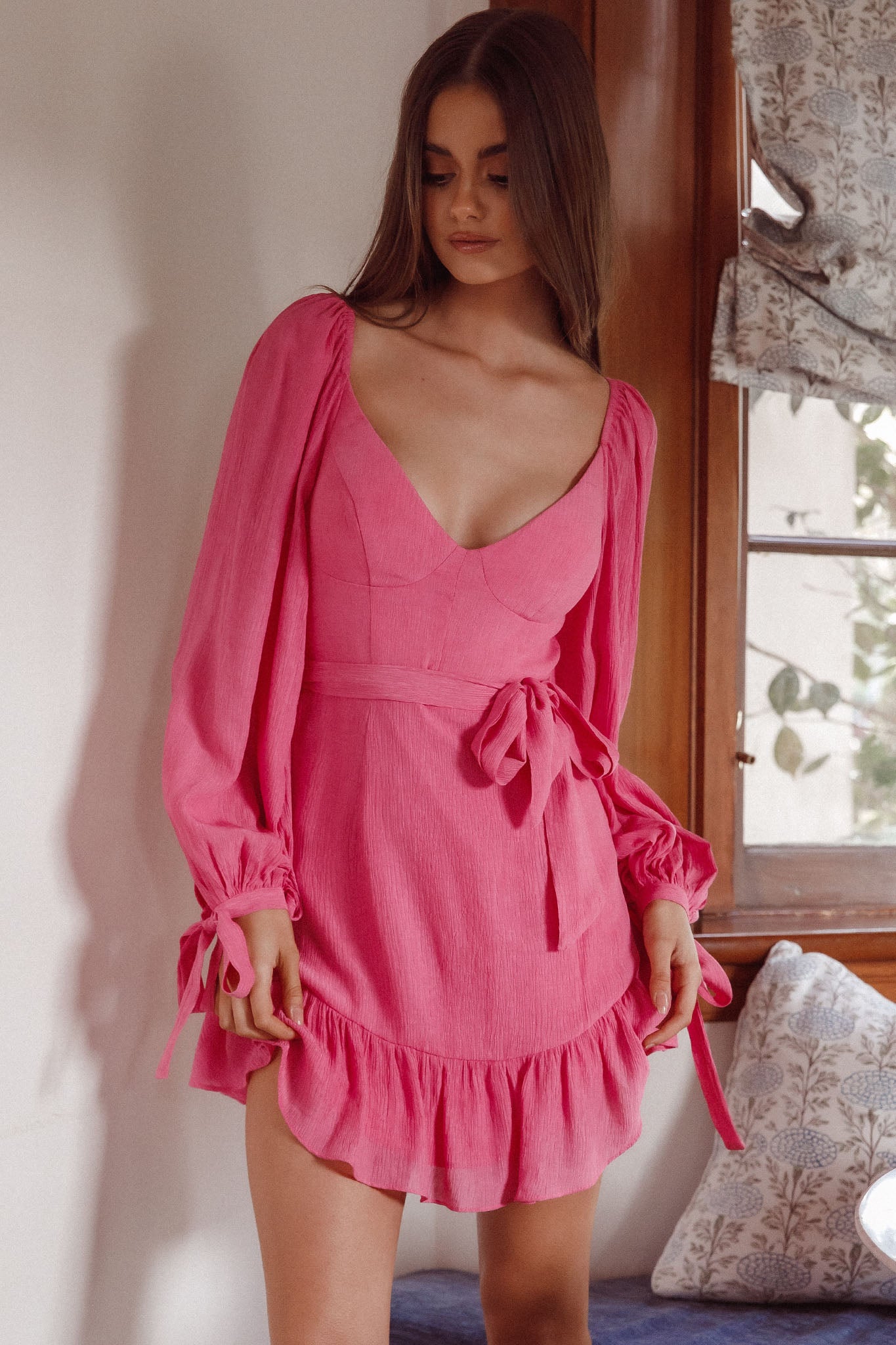 Make Memories Balloon Sleeve Molded Bust Dress Hot Pink by Selfie Leslie Australia