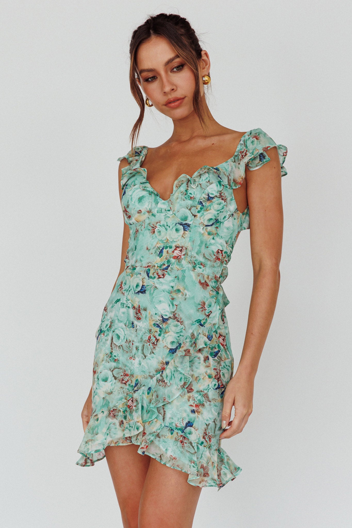 Make Memories Frill Strap Mini Dress Floral Mint by Selfie Leslie Australia