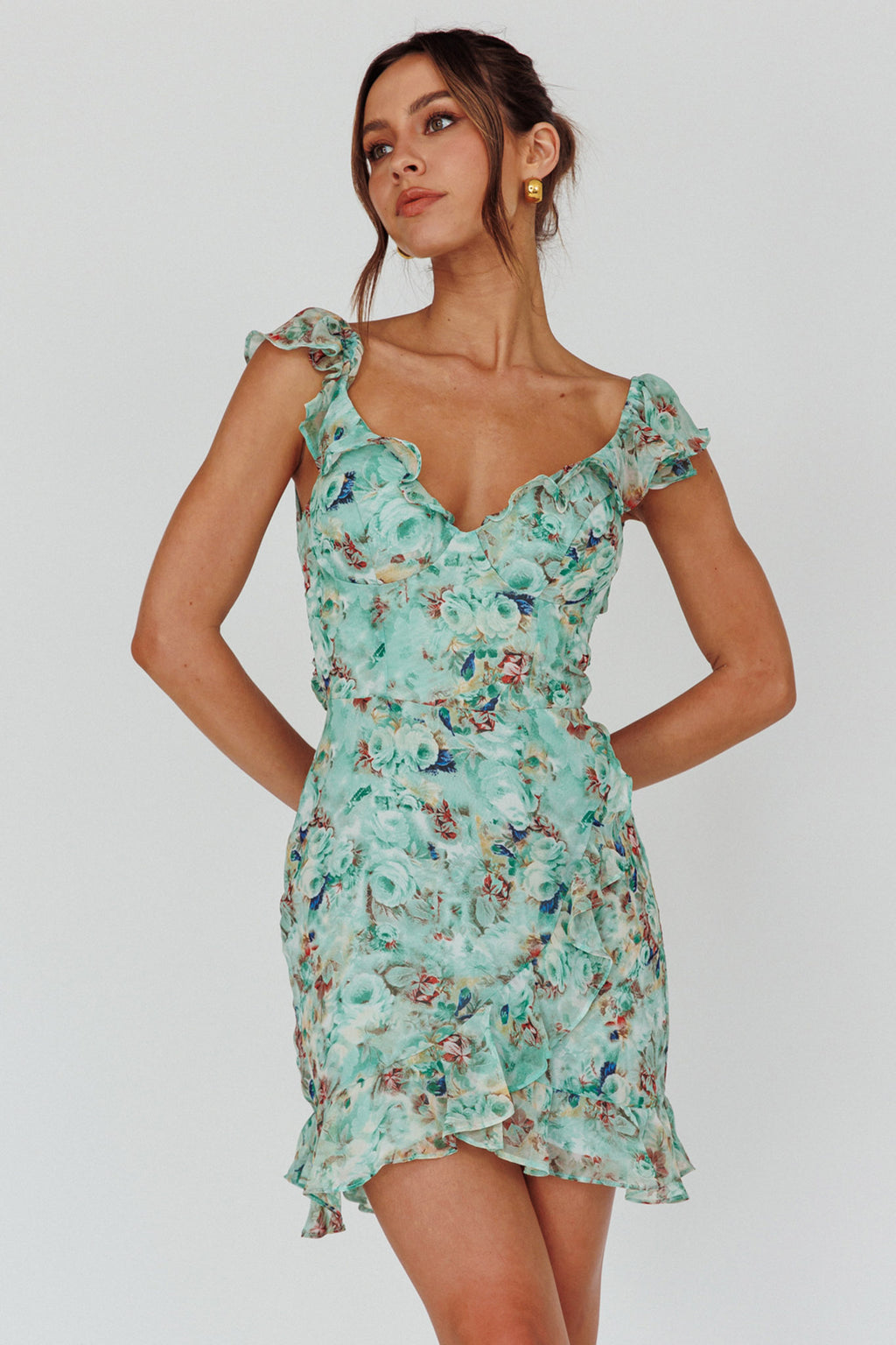 Make Memories Frill Strap Mini Dress Floral Mint by Selfie Leslie Australia