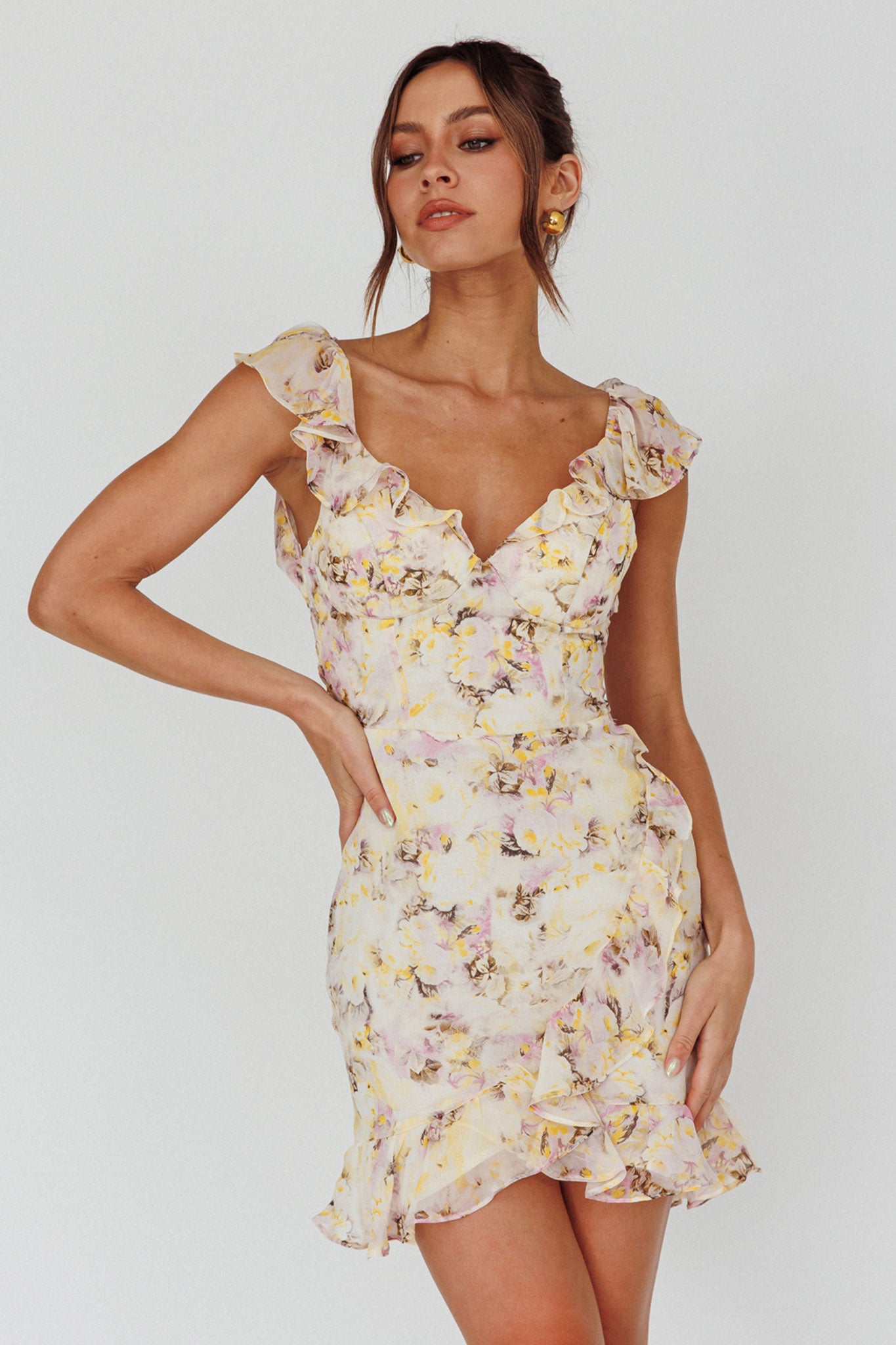 Make Memories Frill Strap Mini Dress Floral Yellow by Selfie Leslie Australia