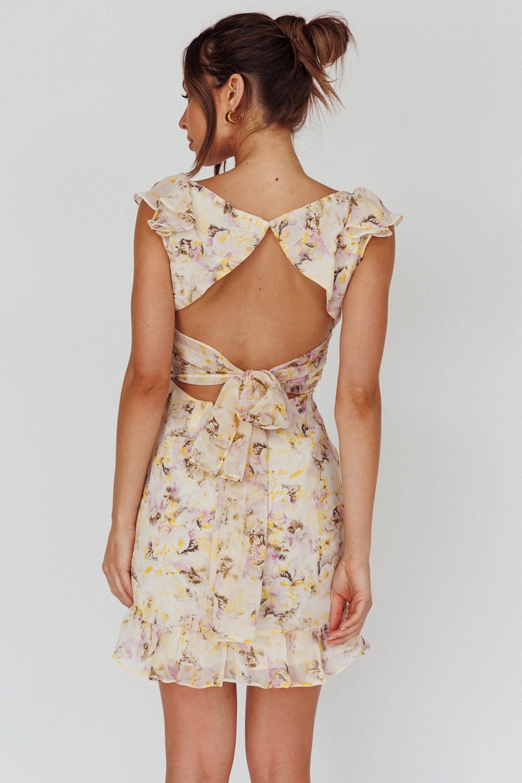 Make Memories Frill Strap Mini Dress Floral Yellow by Selfie Leslie Australia